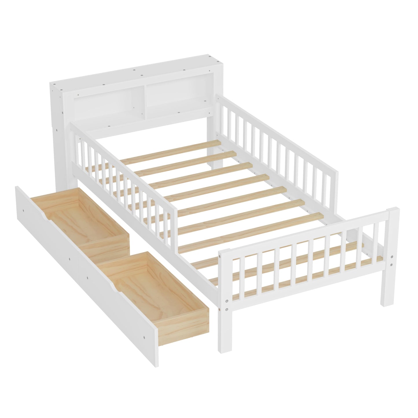 Merax Twin Size Platform Bed with Storage Headboard and Two Under-Bed Drawers, Solid Wood Bed Frame & Three-Side Safety Guardrails for Bedroom, Guest Room, No Box Spring Needed, Easy Assembly, White