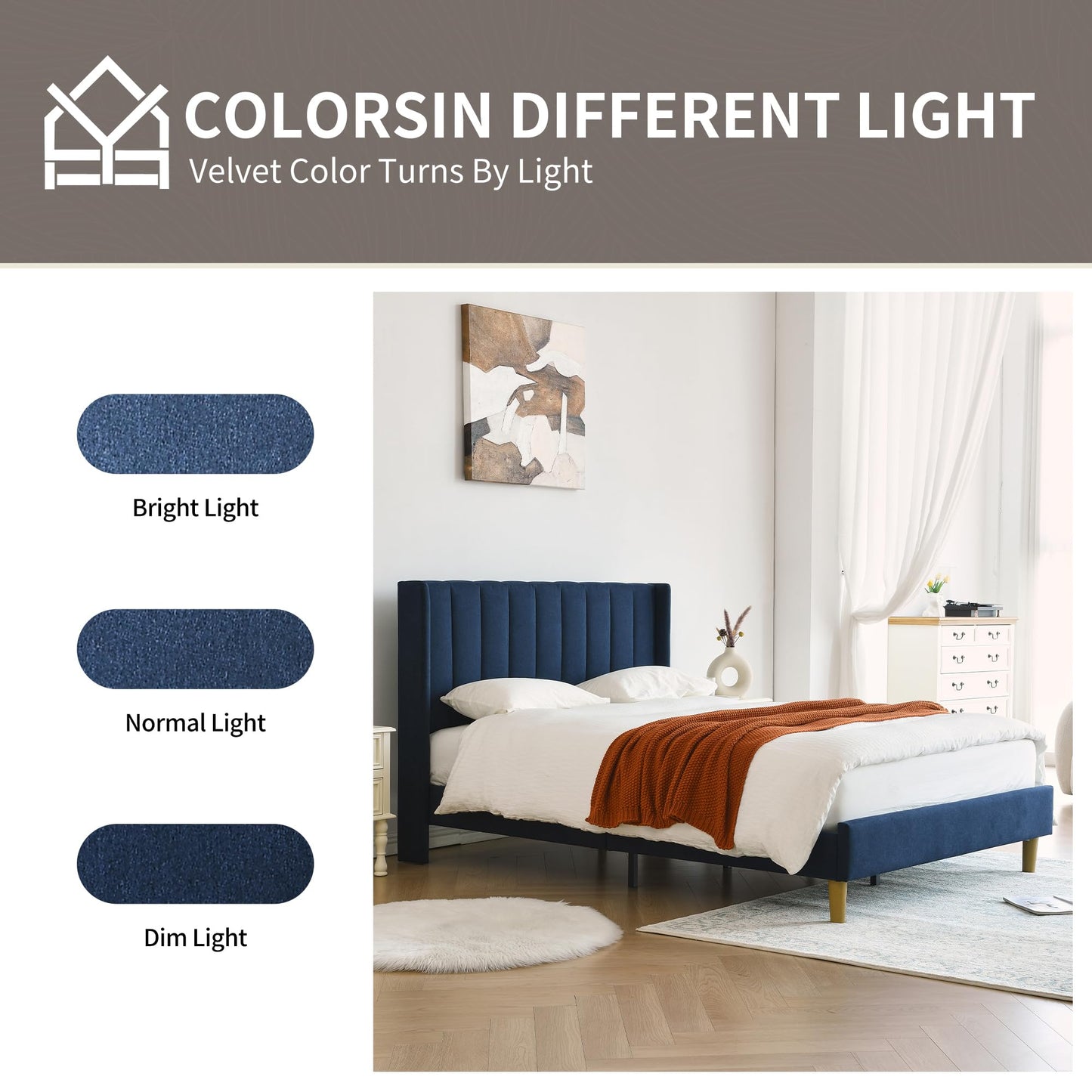 YUHUASHI upholstered Platform Bed Frame/Queen Bed Frame/Modern Geometric Double-Wing Design headboard/Linen Fabric/Easy to Assemble no Noise (Navy Blue, Queen (U.S. Standard))