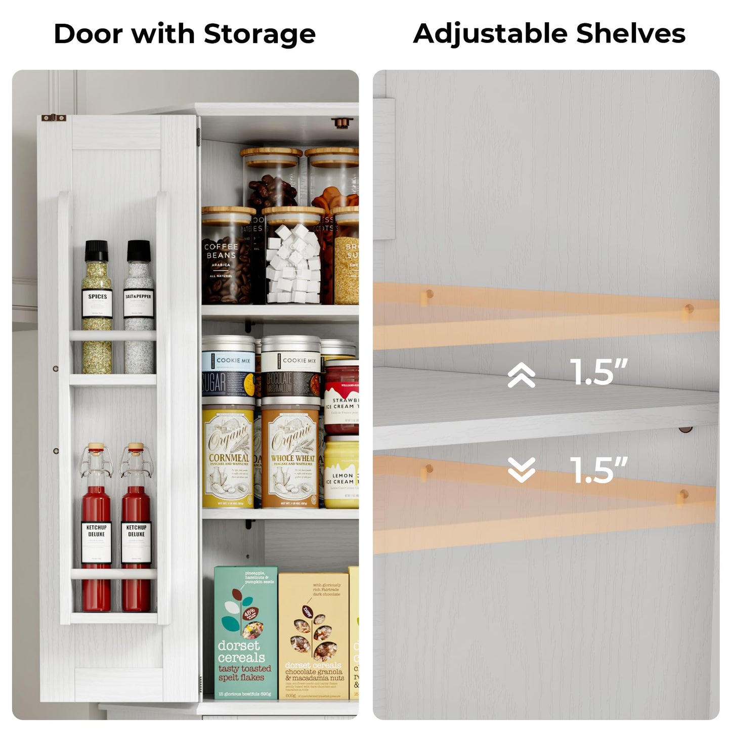 IRONCK Corner Cabinet, 72" Kitchen Pantry Cabinet, 6-Tier Freestanding Farmhouse Pantry with 2 Adjustable Shelves, 240°Swivel Doors, 2 Doors Storage, Spacious Hutch for Kitchen, Living Room, White