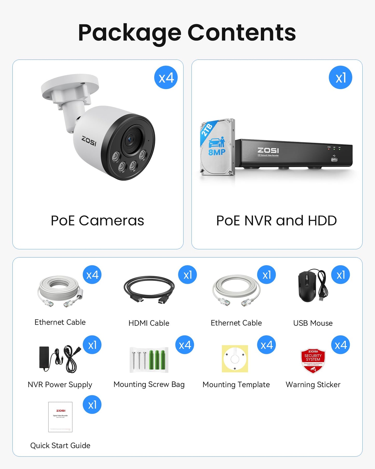 ZOSI 4K PoE Security Camera System, 4pcs 8MP Indoor Outdoor Metal Cameras with Audio, Smart Person Vehicle Detection, People Counting, Night Vision, 8CH CCTV NVR with 2TB HDD for Home 24/7 Recording