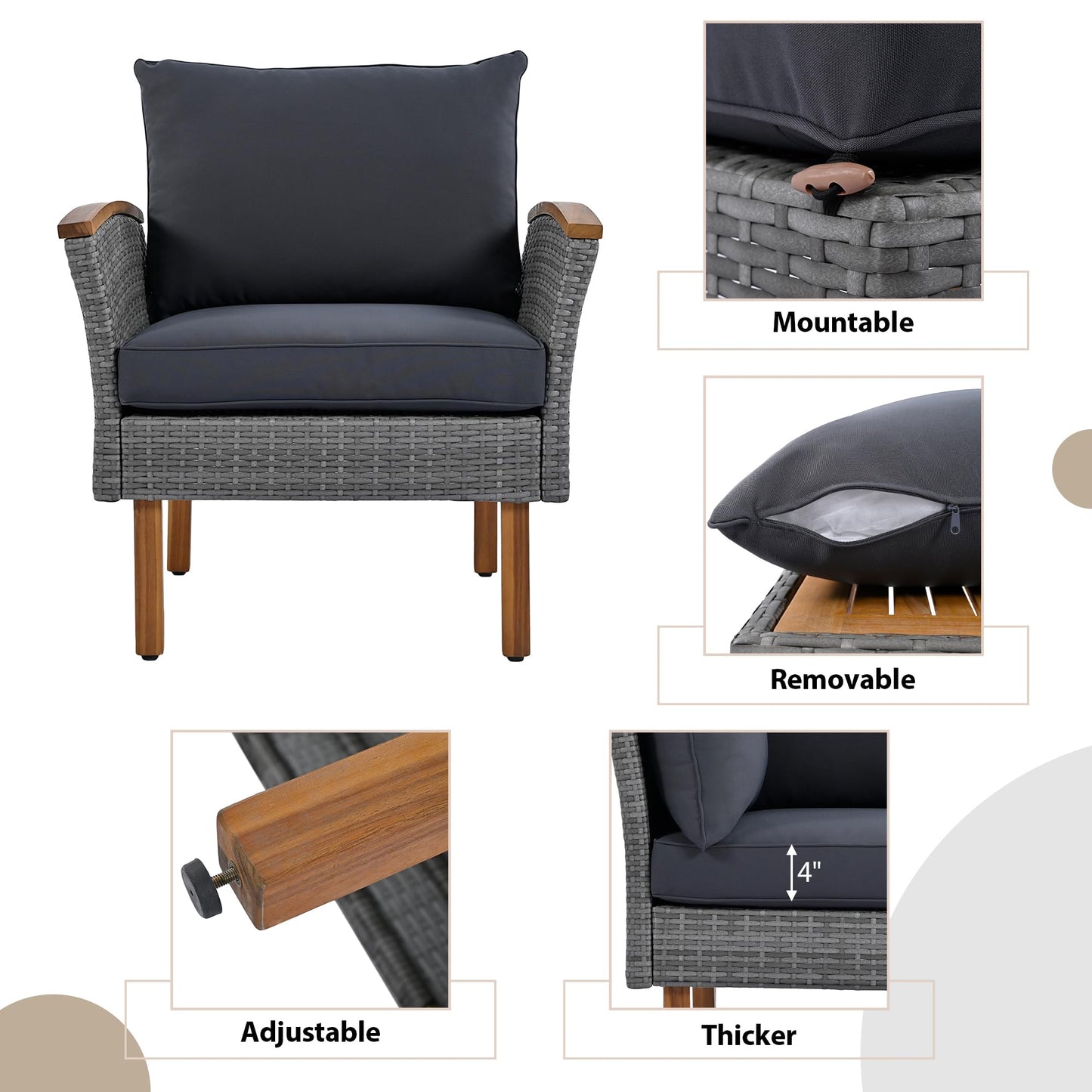 Merax 9-Piece PE Rattan Patio Furniture Set, Outdoor Modular Sectional Sofa Conversation Sets with Coffee Table, Acacia Wood Legs and Tabletop, Washable Cushion, Gray