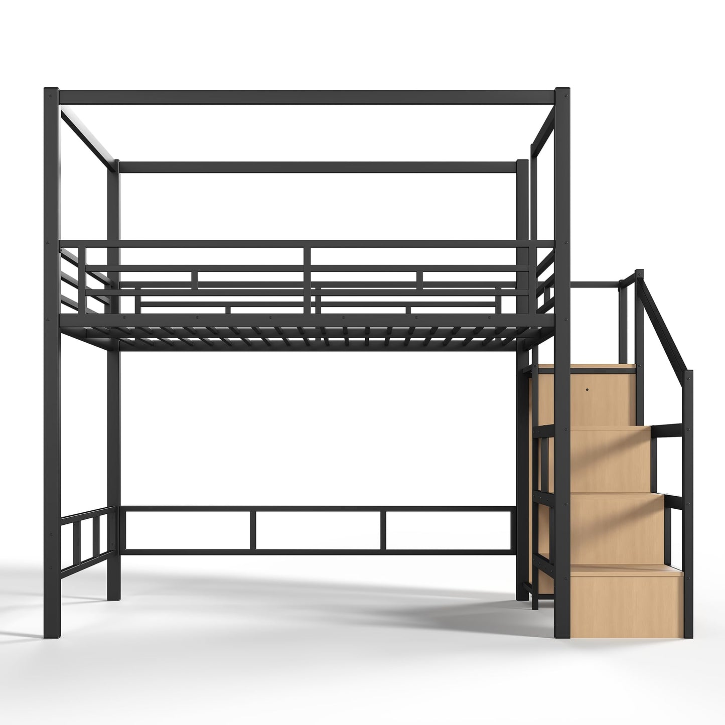 Bellemave Queen loft Bed with Storage Stairs, LED, Wardrobe, Canopy Support Pole, Metal Queen Loft Bed Frame for Adults, Kids, Teens, Canopy can be Disassembled, Black+Natural Wood