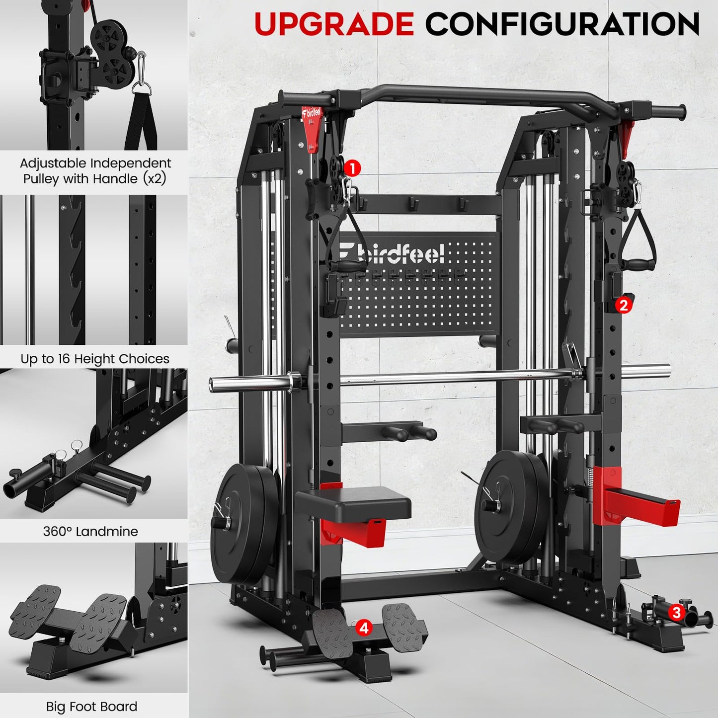 Birdfeel Multi-Function 2000LB Smith Machine Power Cage, Home Gym Squat Rack Featuring LAT Pulldown, Dual Pulley Cable Crossover, Gym-Quality Power Rack with Strength Training Attachments, Pegboard