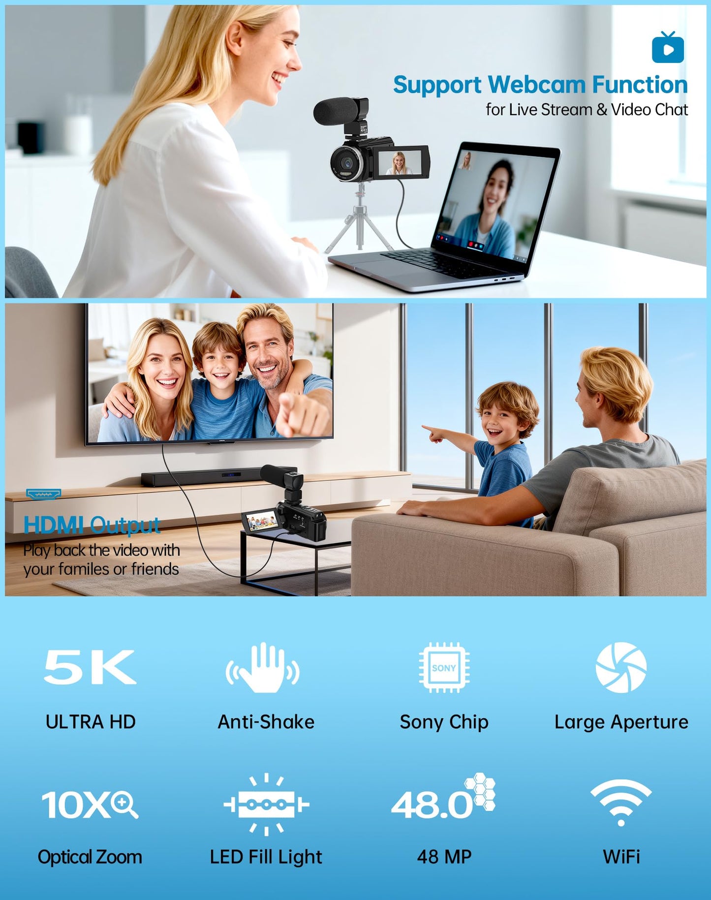 5K Video Camera Camcorder 48MP UHD WiFi Vlogging Camera for YouTube,10X Optical Zoom 3.0'' IPS Touch Screen Anti-Shake Digital Camera with LED Fill Light,64GB Card,Mic,Stabilizer,Remote,2 Batteries