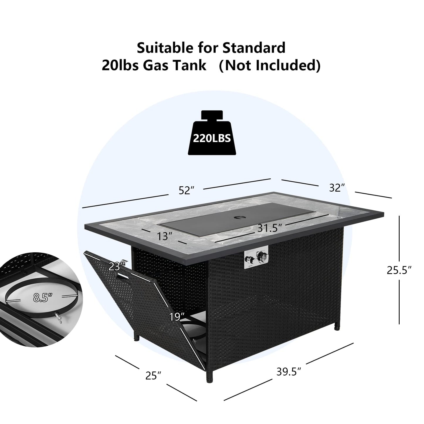 COSTWAY 52" Patio Propane Fire Pit Table, 50,000 BTU Outdoor Fire Table, Electric Pulse Ignition, Marble Tabletop & Weatherproof Rattan, Protective Cover Included, Perfect for Backyard, Poolside