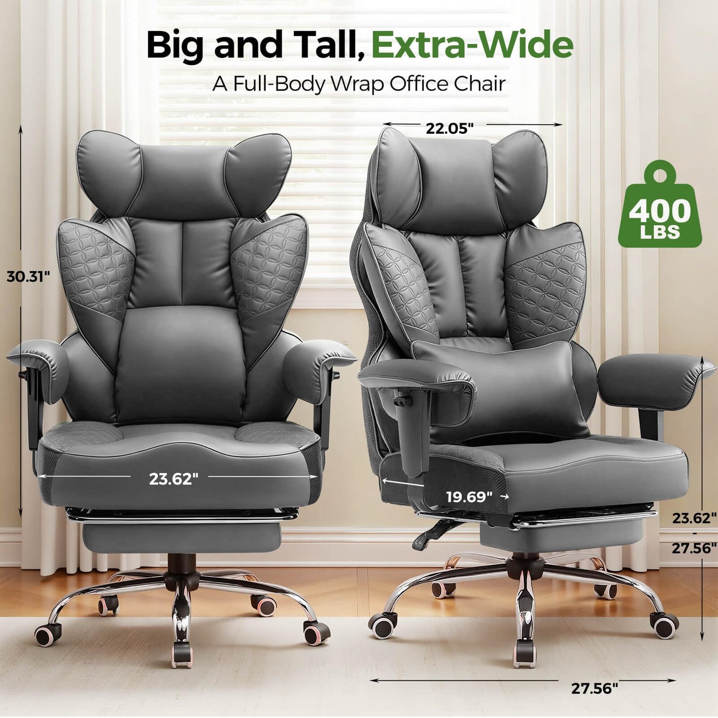 GTPOFFICE Big and Tall Office Chair 400LBS Wide Seat Computer Gaming Chair with Footrest & Comfy Lumbar Support, Leather High Back Executive Chair with Ergonomic Pressure Relief Seat Cushion, Gray