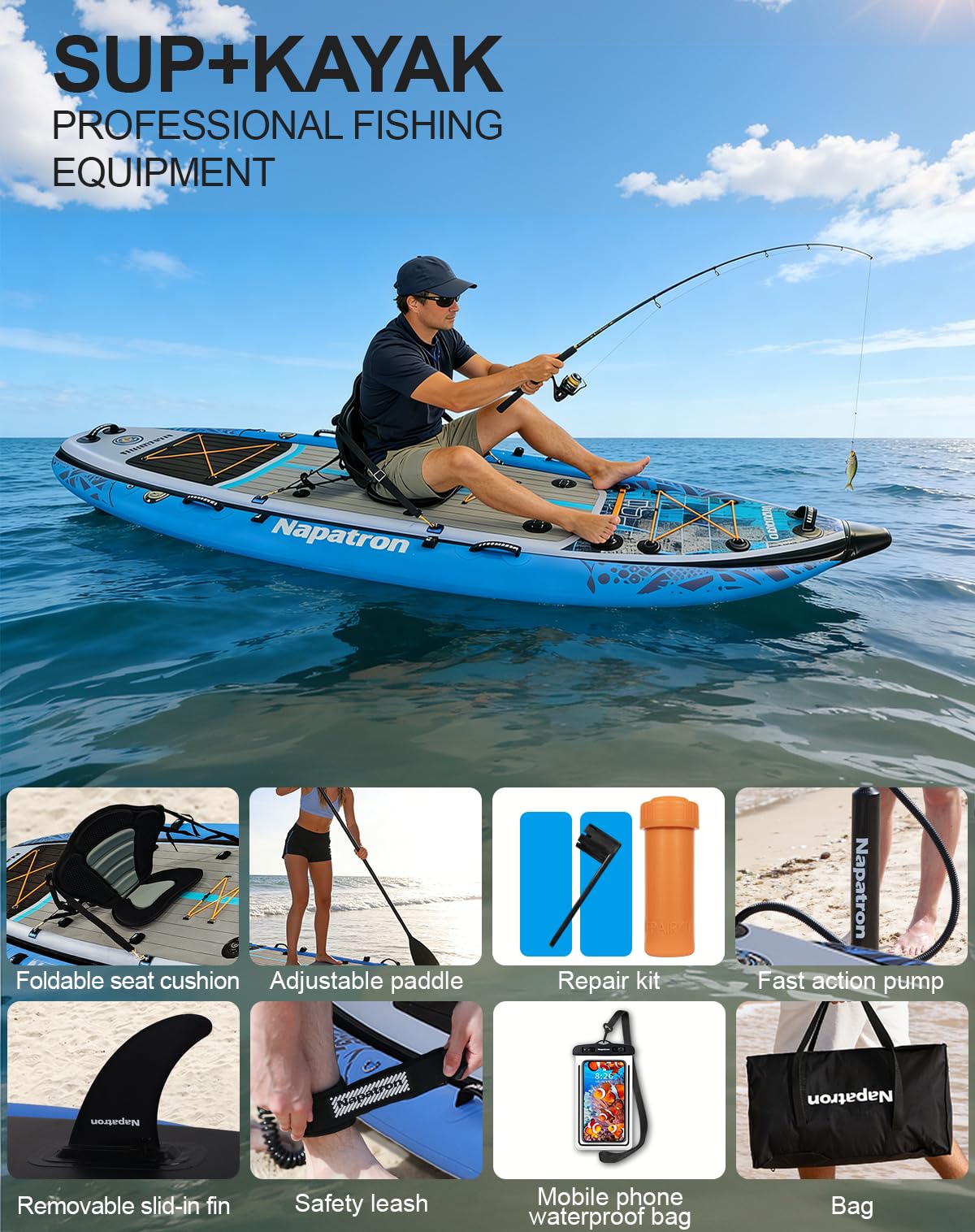 Napatron Inflatable Fishing Board, 11'x47''Heavy-Duty Inflatable Fishing Float Platform, Built-in Rod Holders & Carry Bag，Portable Fishing Raft for Saltwater/Freshwater Lake Beach Ocean