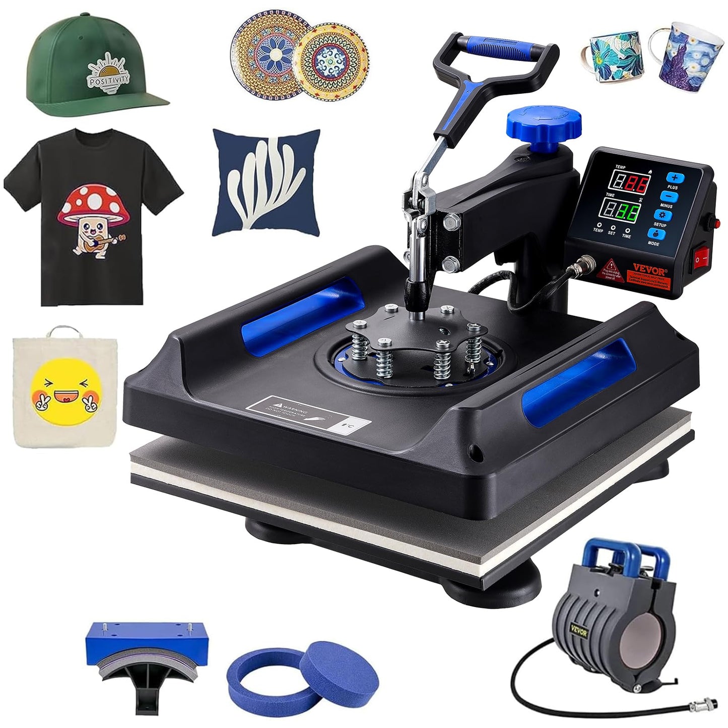 VEVOR Heat Press, Upgrade 5 in 1 Heat Press Machine for T-Shirt Hat Cap Mug Plate Sublimation, 15x15 inch Anti-Scald Fast Swing Away Digital Control Multifunction, Blue
