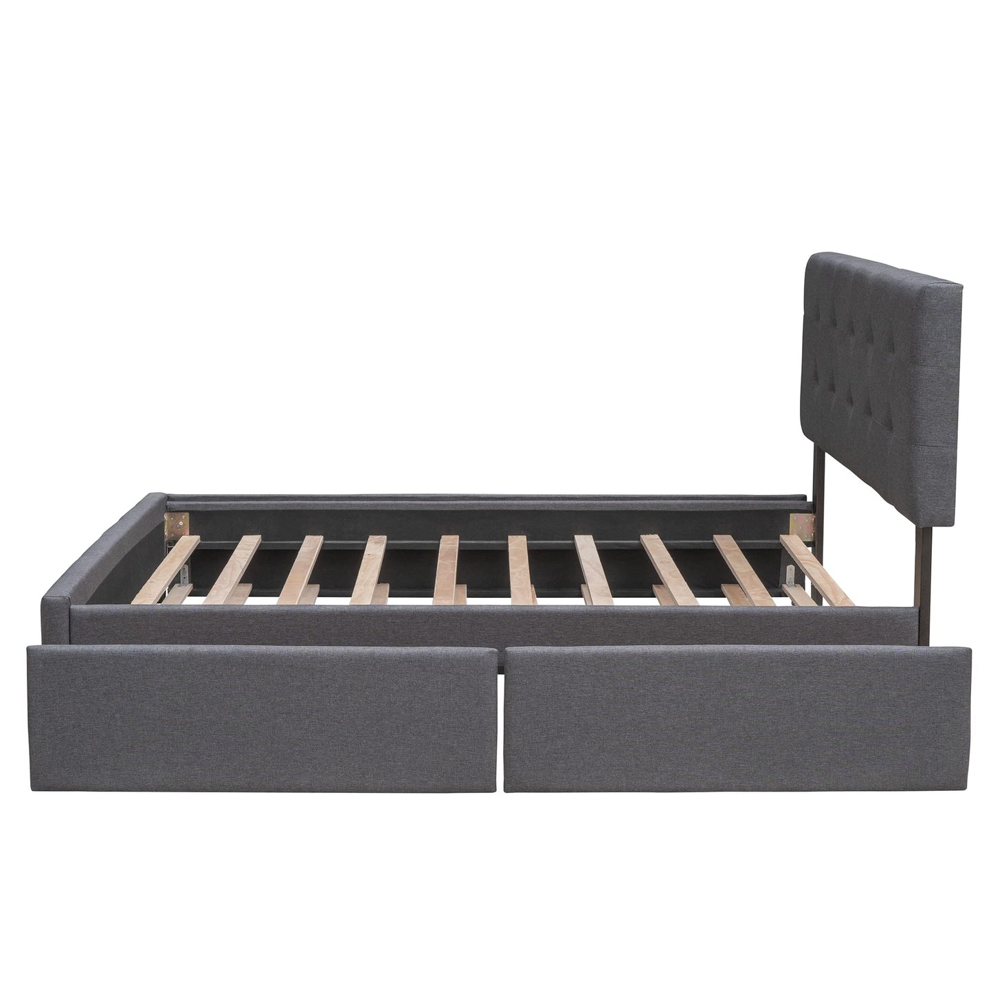 Ball & Cast Queen Bed Frame with 2 Drawers and 1 Twin XL Trundle, Linen Upholstered Platform Bed Frame Queen Size with Button Tufted Headboard & Wood Slats Support,No Box Spring Needed,Dark Gray