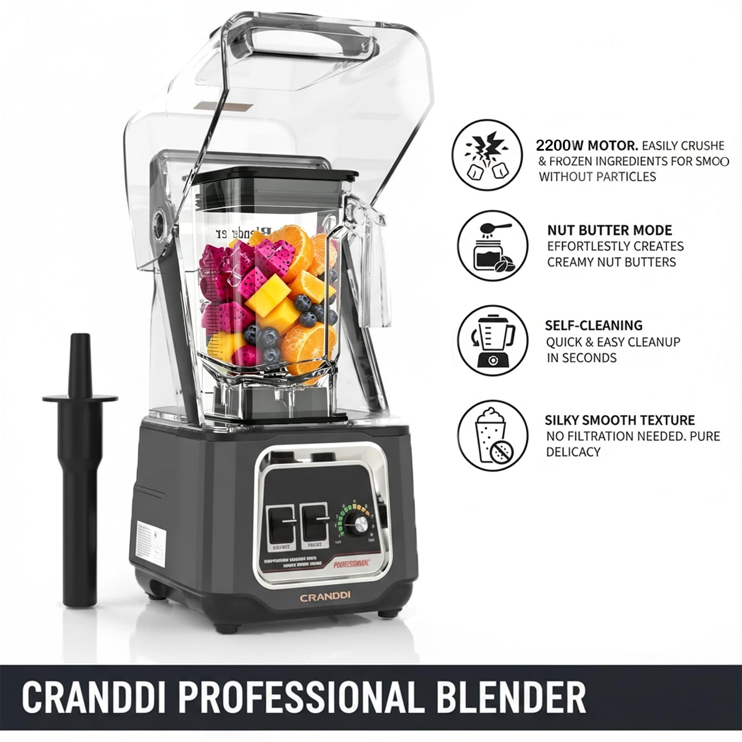 CRANDDI Commercial Blender, 2200W Countertop Blenders with Removable Shield, Quiet Smoothie Blender for Shakes and Ice Crushing, 52oz, 38000 RPM Professional Blenders for Kitchen, K80 (Grey)