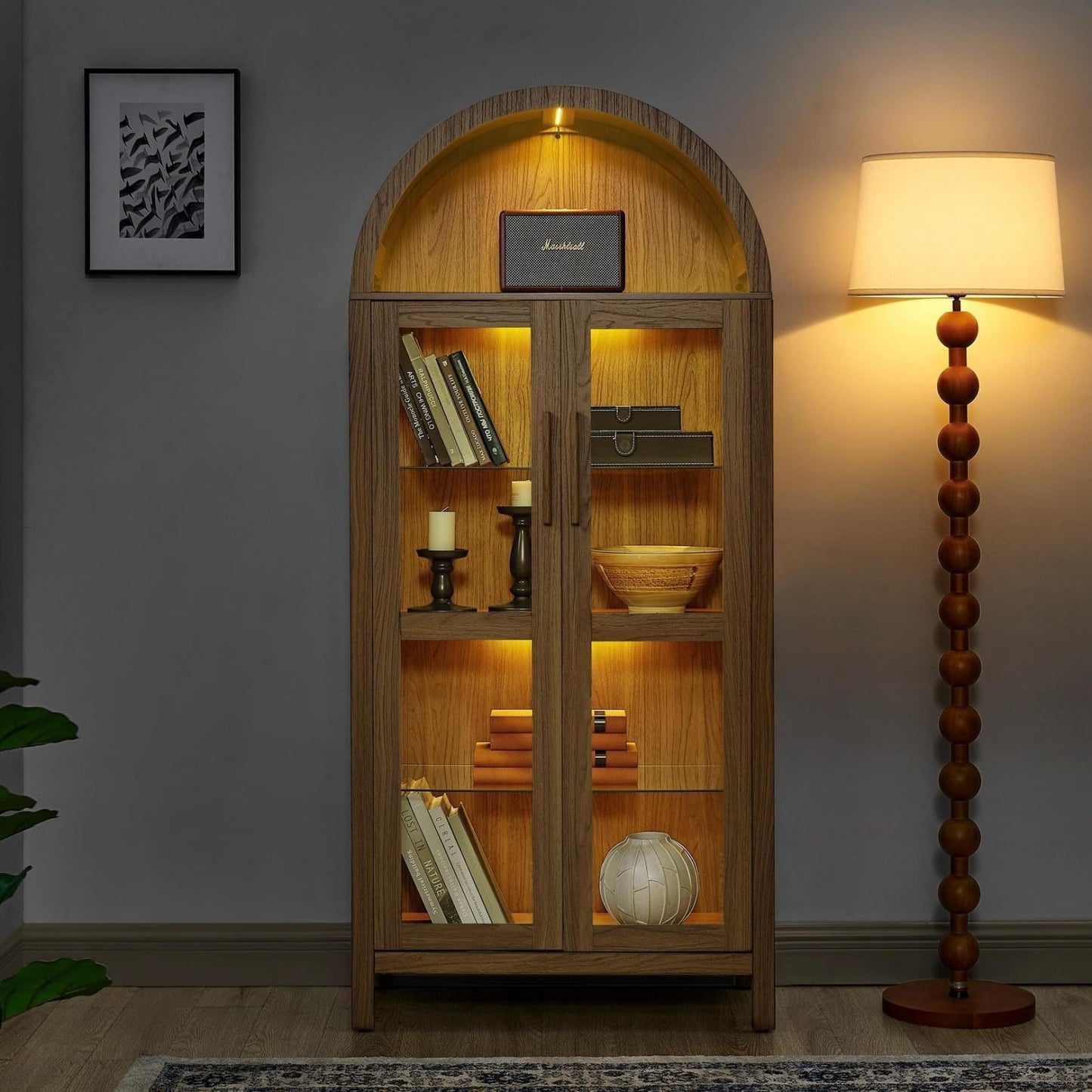 KEIKI 67" H Arched Display Storage Cabinet with Glass Doors, Adjustable Glass Shelf & LED Lights, Wood Retro-Style Curio China Collectibles Book Case Shelves Bookcase for Living Room, Home Office