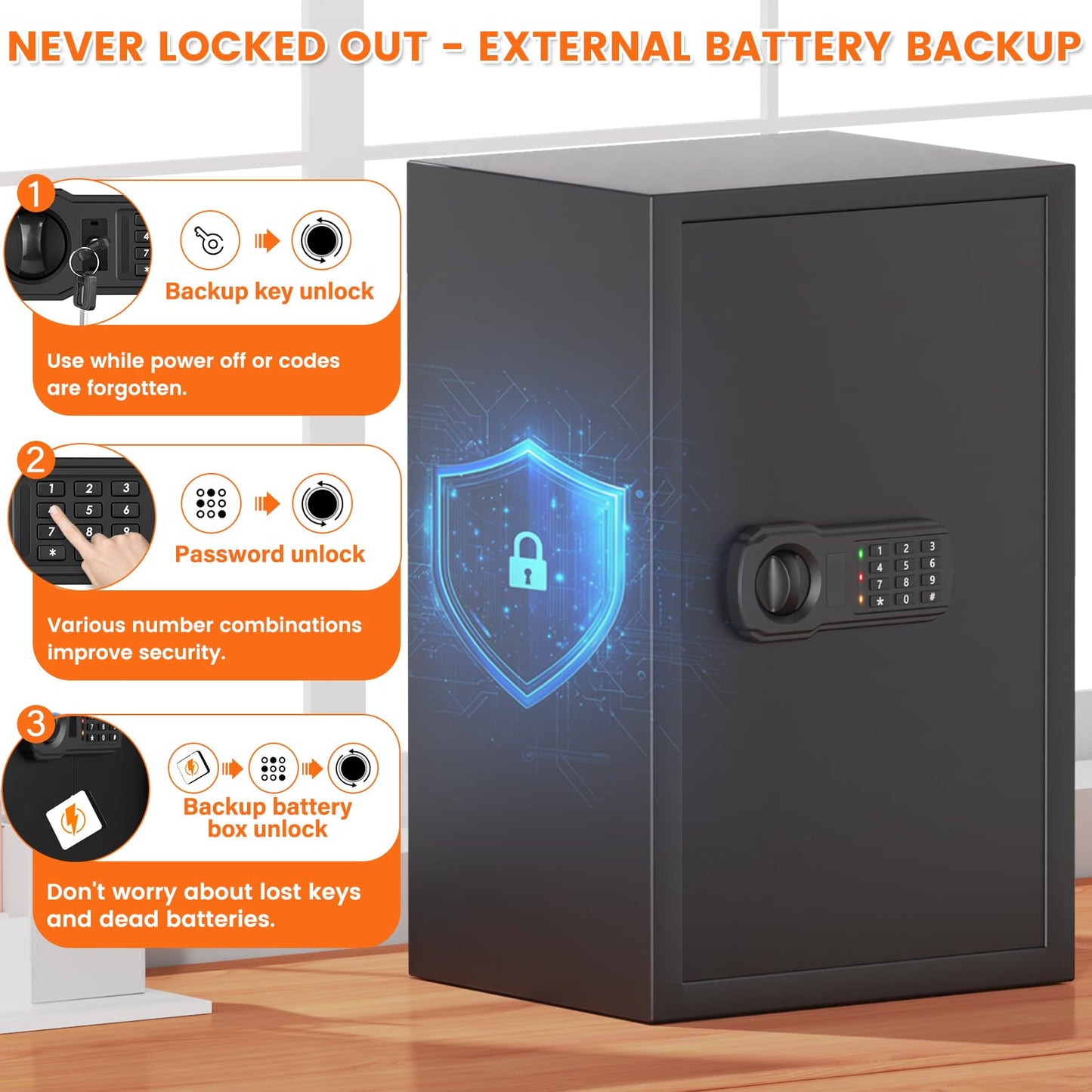 3.6 cu ft Large Fire Proof Safe Box for Home Use, 35Lb Fireproof Safe with Fire Insulation & Backup Combination Lock, Heavy Duty Security Safe for Cash Passport Firearm Valuable, Anti-Theft Wall Mount