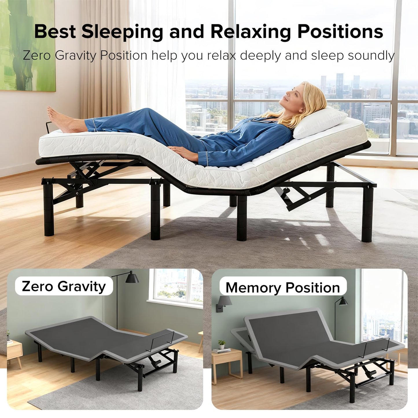 KEIKI Queen Adjustable Bed Frame with Massage Head & Foot Incline, Wireless Remote, USB Ports & LED Night Light – Sturdy, Easy Assembly – Compatible with Adjustable Base – Black