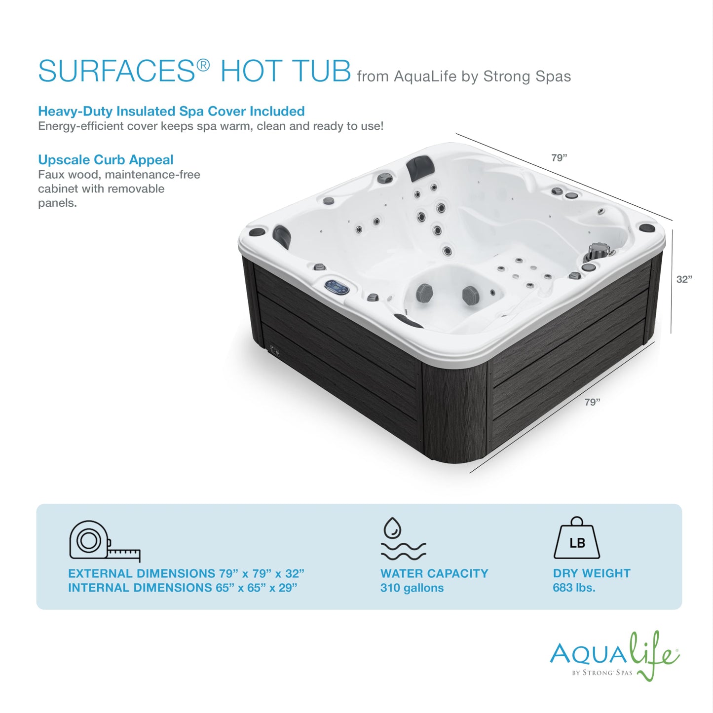 Surfaces Outdoor Hot Tub, Fits 4 Adults, 36 Jets, Double Lounger Seat Spa, Bluetooth, LED Lights, Cover Included, Wellness Tool, Aqualife by Strong Spas