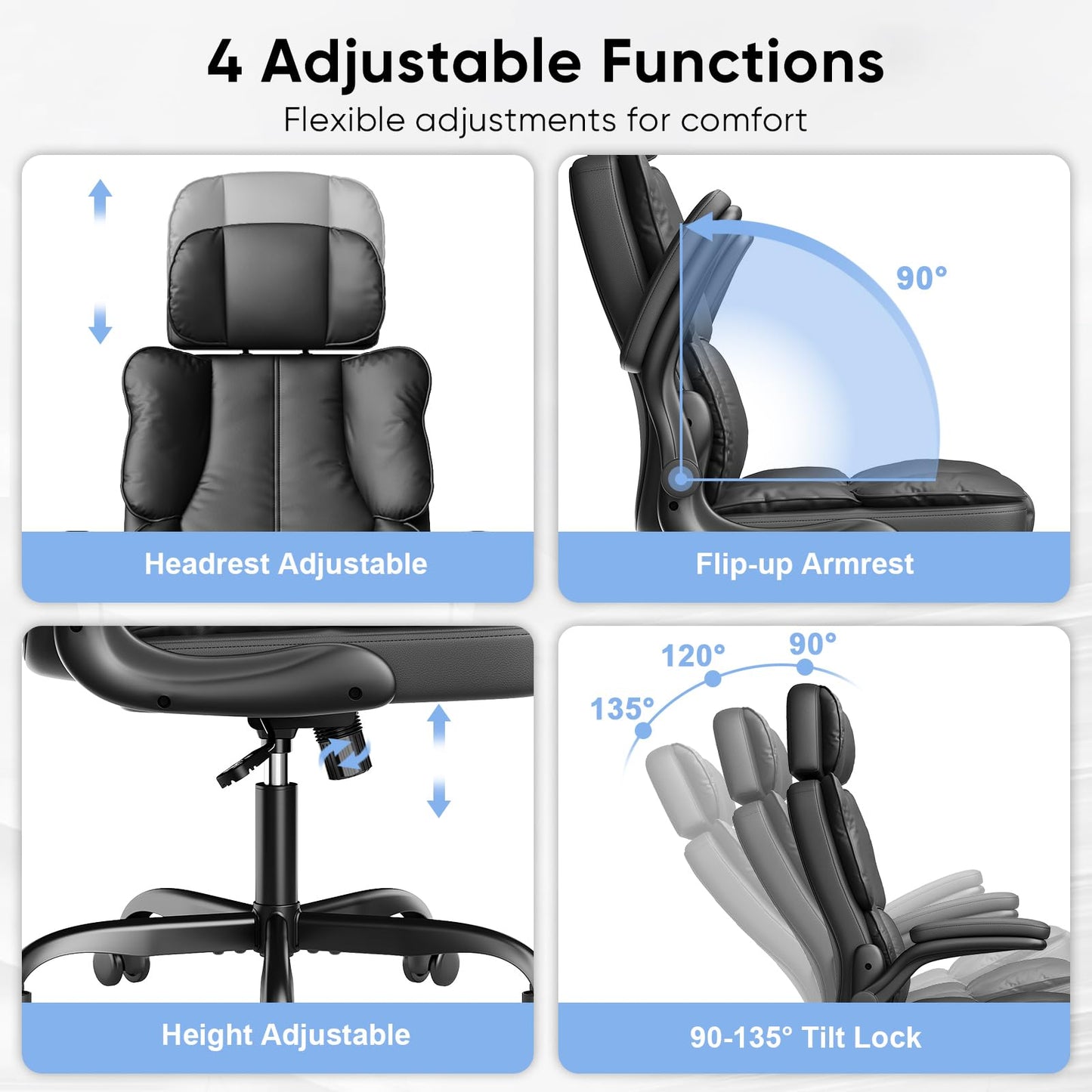 Kensaker Office Chair with Adjustable Headrest & Lumbar Support for for Lower Back Pain Relief, Executive PU Leather Chairs Comfy with Double Padding & 135° Rocking for Home Office, Black