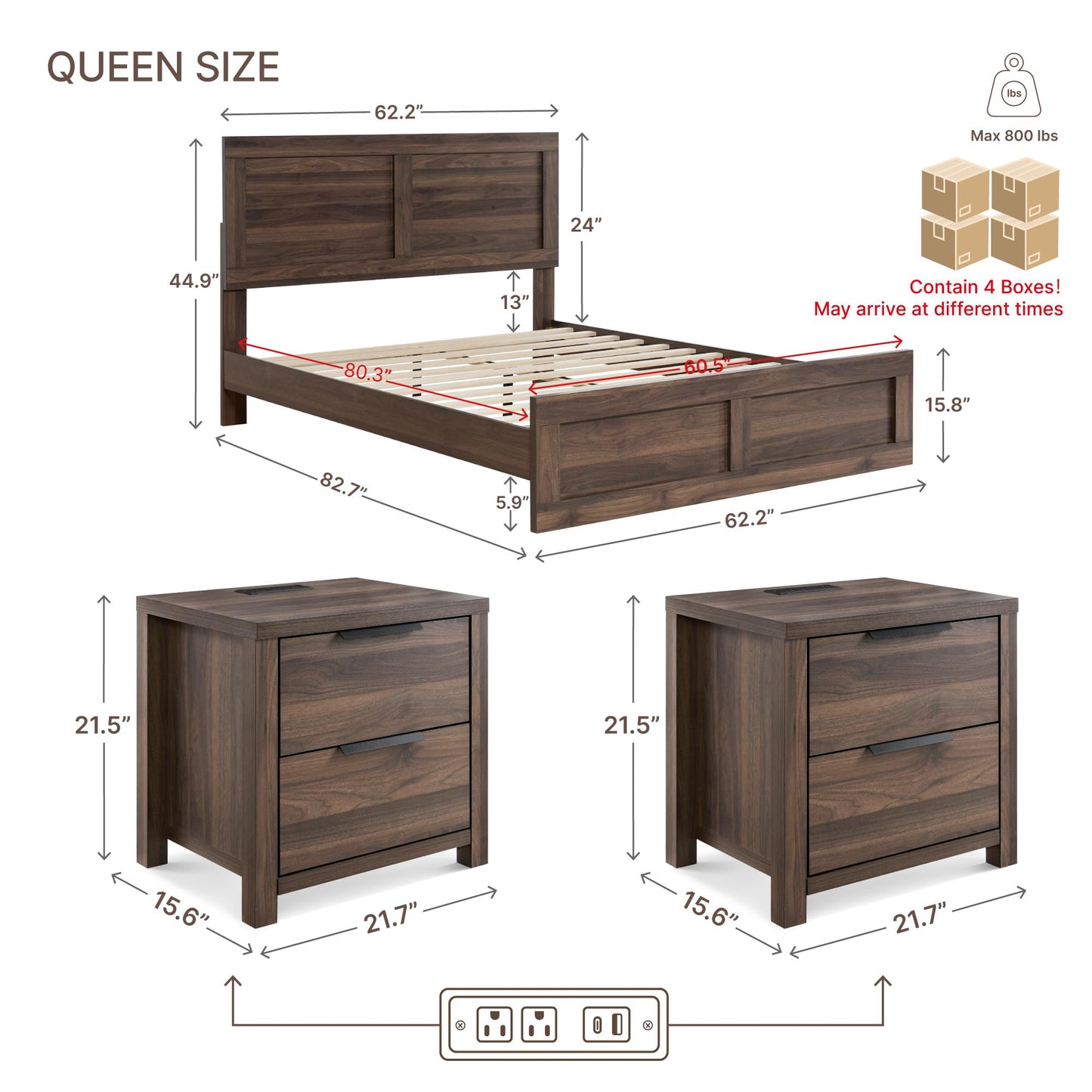 KISLOT 3 Pieces Bedroom Set, Wood Bed Frame with Upholstered Headboard & 2 Nightstands with Storage, Wooden Platform Mattress Foundation Farmhouse Bedroom Furniture Set