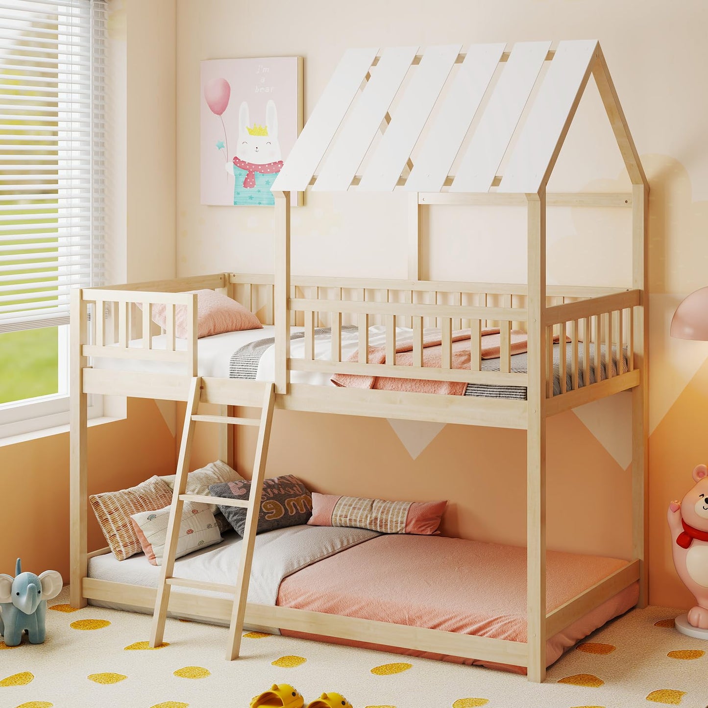 Giantex Twin Over Twin House Bunk Bed, Low Loft Bed Frame with Roof, Wood Bunk Bed with Ladder & Full-Length Guardrails, Twin Floor Bed for Kids Teens Boys Girls, No Box Spring Needed (Natural)