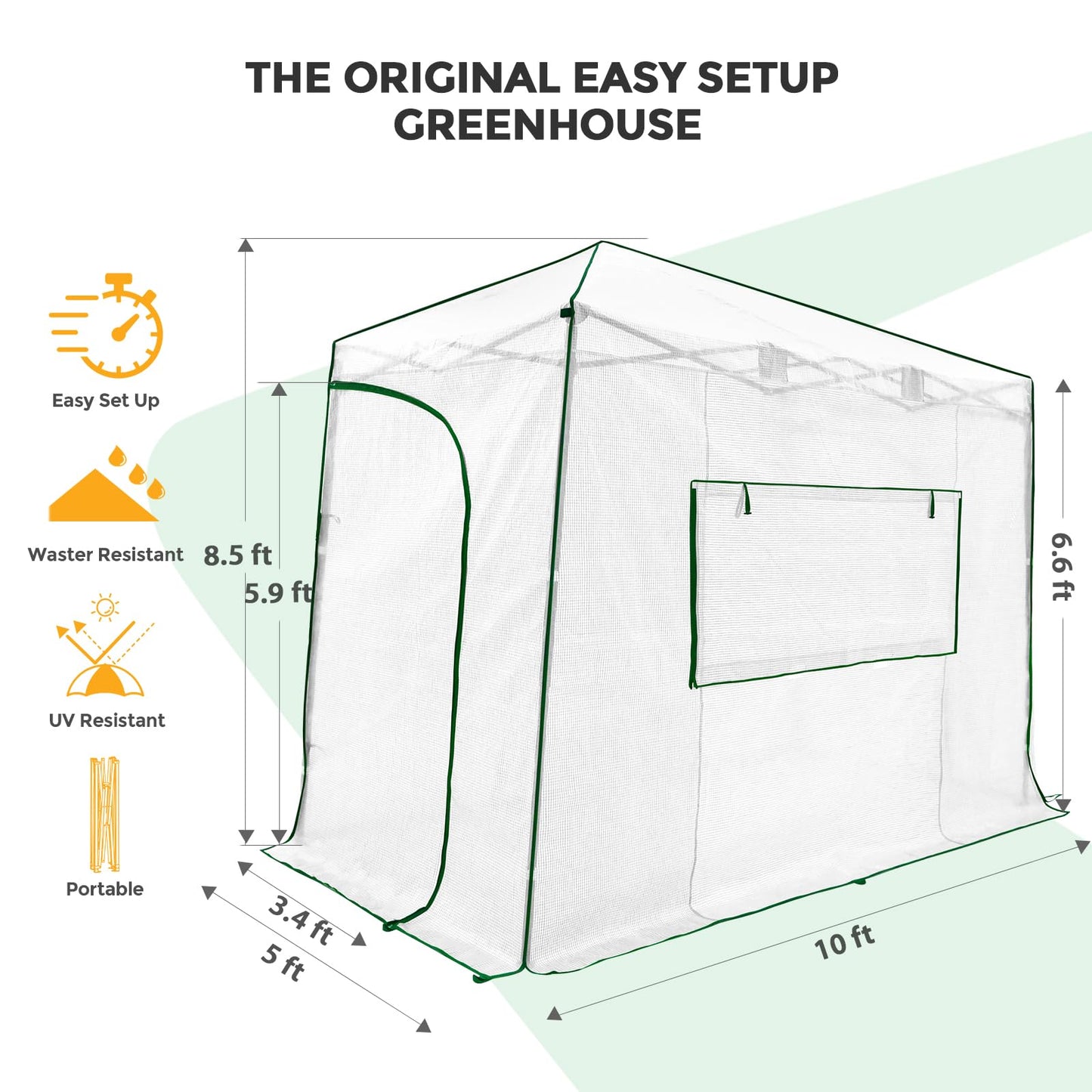 EAGLE PEAK 10x5 Portable Walk in Greenhouse, Pop Up Indoor Outdoor Greenhouse, Green House Kit with Zippered Roll-Up Doors and Windows, Lean-to Design, PE Cover, Clear/White