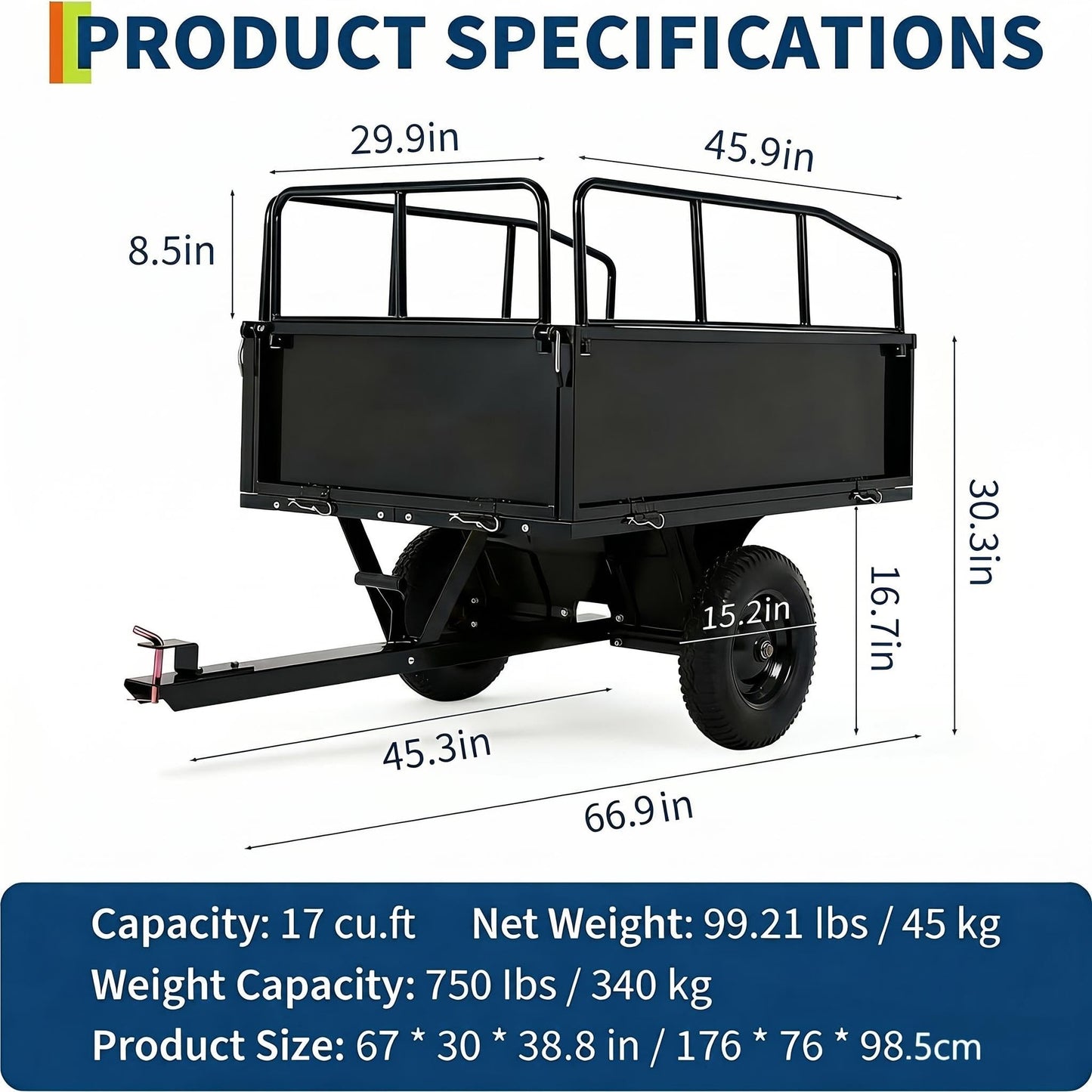 Heavy Duty ATV Trailer Steel Dump Cart, 750 lbs 17 Cubic Feet, Garden Utility Trailer Yard Trailers with Removable Sides for Riding Lawn Mower Tractor