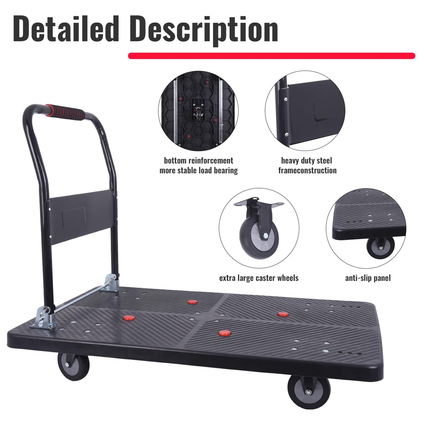 Dawot 1320lbs Foldable Platform Truck Dolly with Swivel Wheels, Heavy Duty Moving Platform Hand Truck, Moving Flatbed Cart Push Cart Platform Dolly Cart for Groceries, Warehouse(43.31" x 25.51" Black)