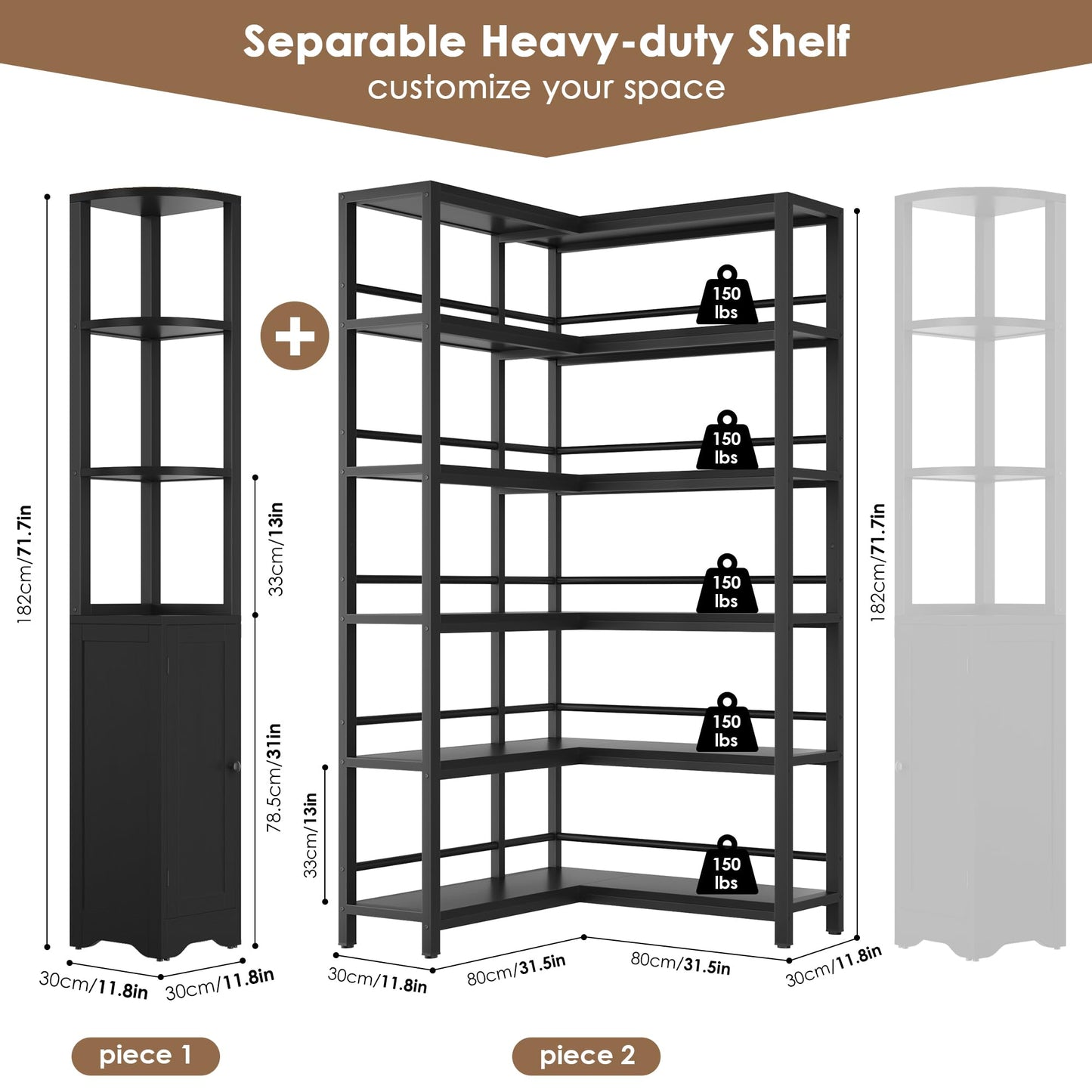 Keyluv Modern 72" Tall Corner Bookshelf with Storage Cabinet, Large 2-Piece Reversible L-Shaped Bookcase with Door, 6-Tier Display Shelf for Living Room, Home Office, Pantry, Black
