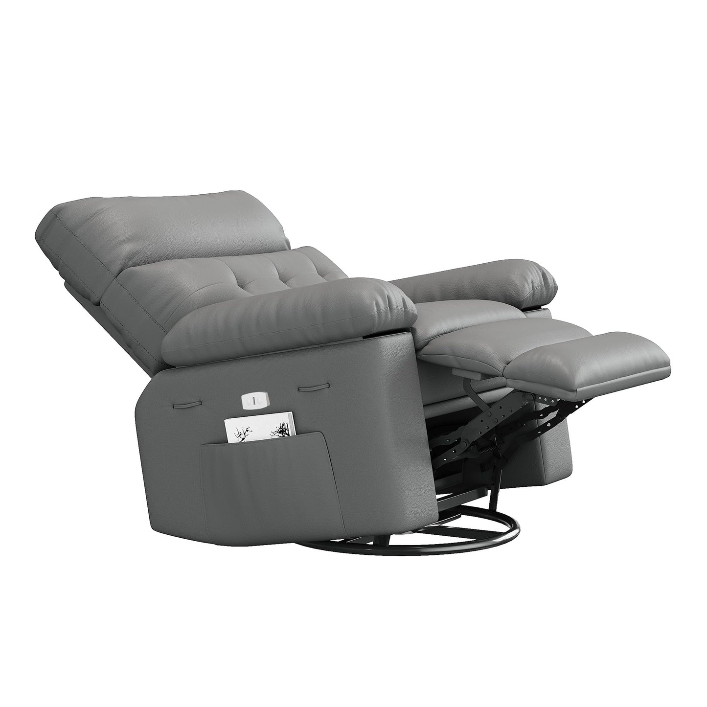 Oversized Recliner Chair with Massage, PU Leather Ergonomic Power Swivel Rocker Recliner with Side Pocket & 1.5X Sponge Filling for Living Room, Nursery, or Bedroom, Grey