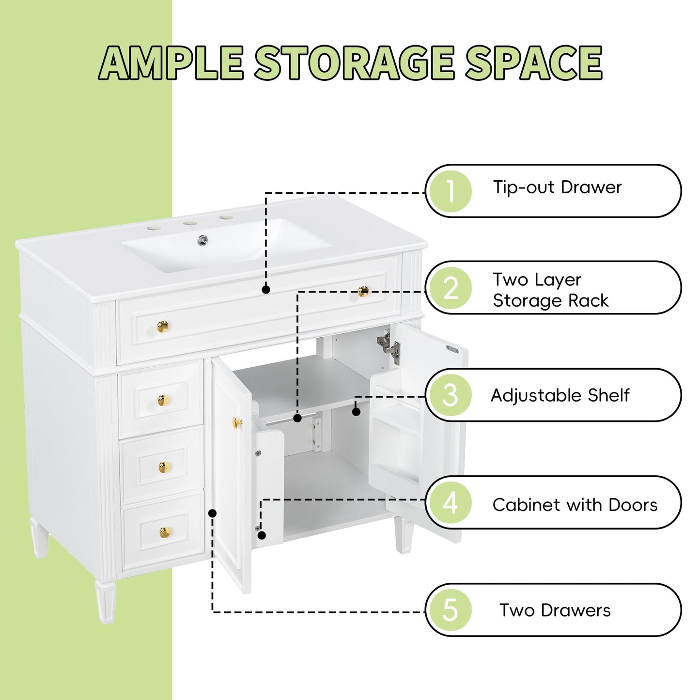 36" Bathroom Vanity Cabinet with Ceramic Countertop Sink Combo Set, Solid Wood Frame, Tilt-Out Drawers and Left Side Drawers, Soft Closing Door Hinges, Modern Style, White
