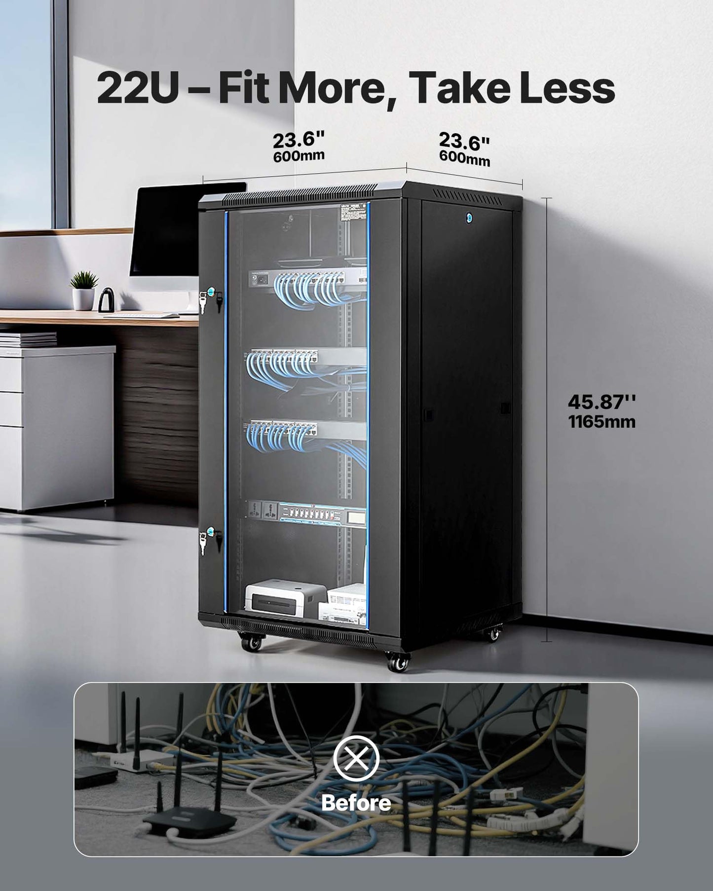 VEVOR 22U Server Rack Cabinet, Network Cabinet Wall Mount, 23.6 in Depth, Network Rack Enclosure with Locking Tempered Glass Door, 4 Casters, Side Panels, for 19’’ IT Equipment, A/V Devices