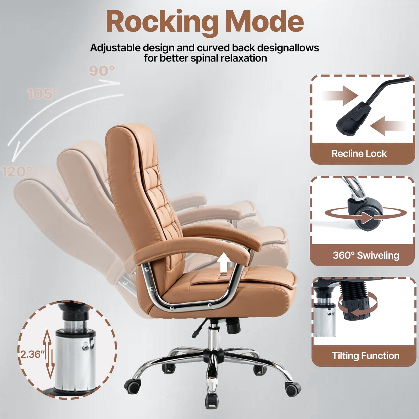 KEIKI Executive Office Chair High Back PU Leather Desk Chair with Spring Cushion, Ergonomic Swivel Computer Chair, Chrome Armrests, Adjustable Rolling Chair for Home Office, Camel