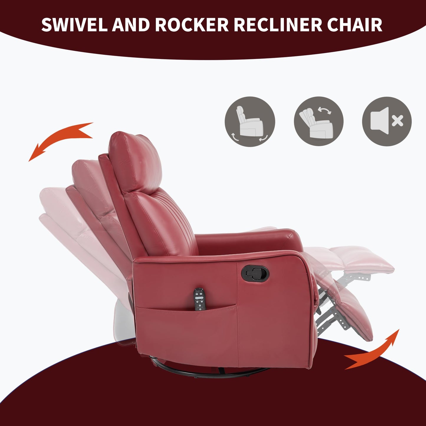KEIKI 4-in-1 Manual Swivel Rocker Recliner Chair for Living Room, Faux Leather Nursery Glider Rocking Chairs with Back Massager & Heat, Engineered for Compact Apartment Comfort Lounging Daily, Red