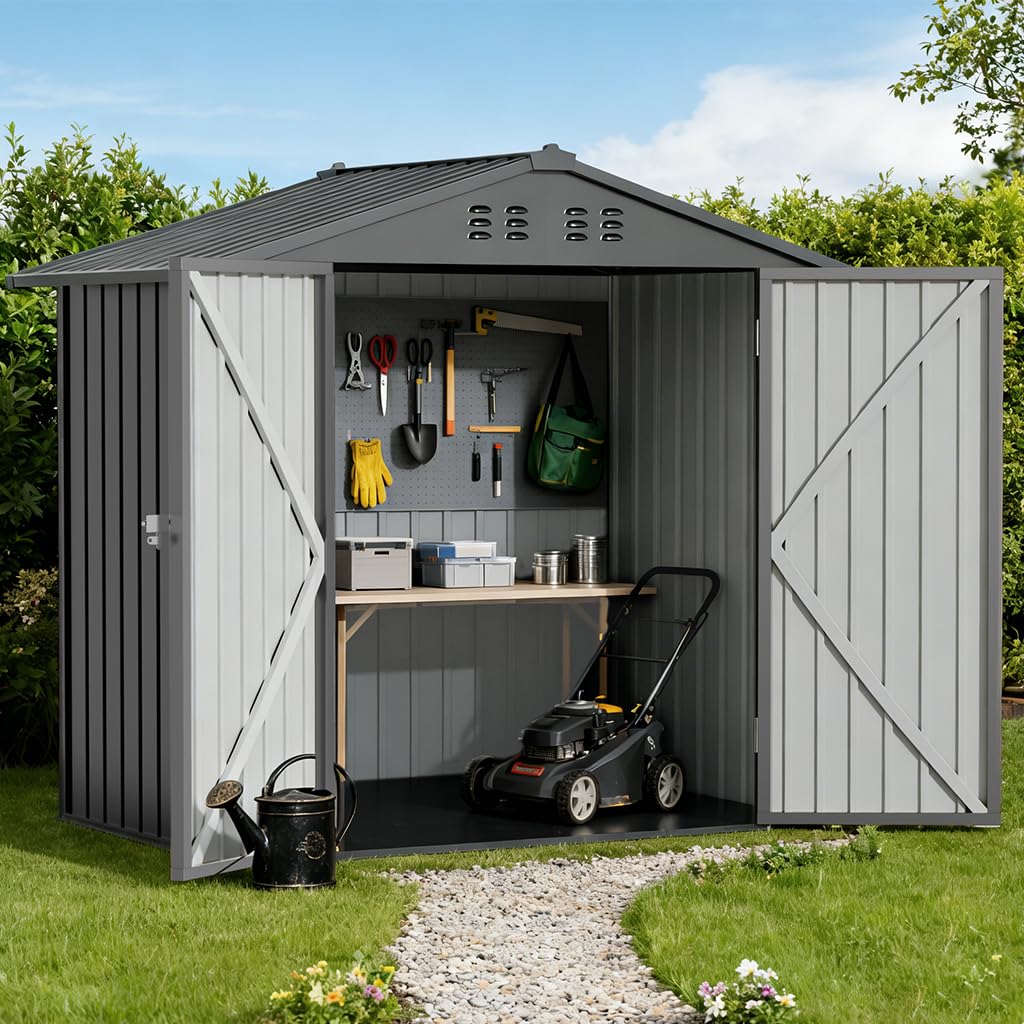 COMHOMA 6'x4' Shed Outdoor Storage Metal, Weatherproof Garden Utility Tool House with Lockable Doors & Adjustable Shelving, Ventilated Backyard Workshop,Grey