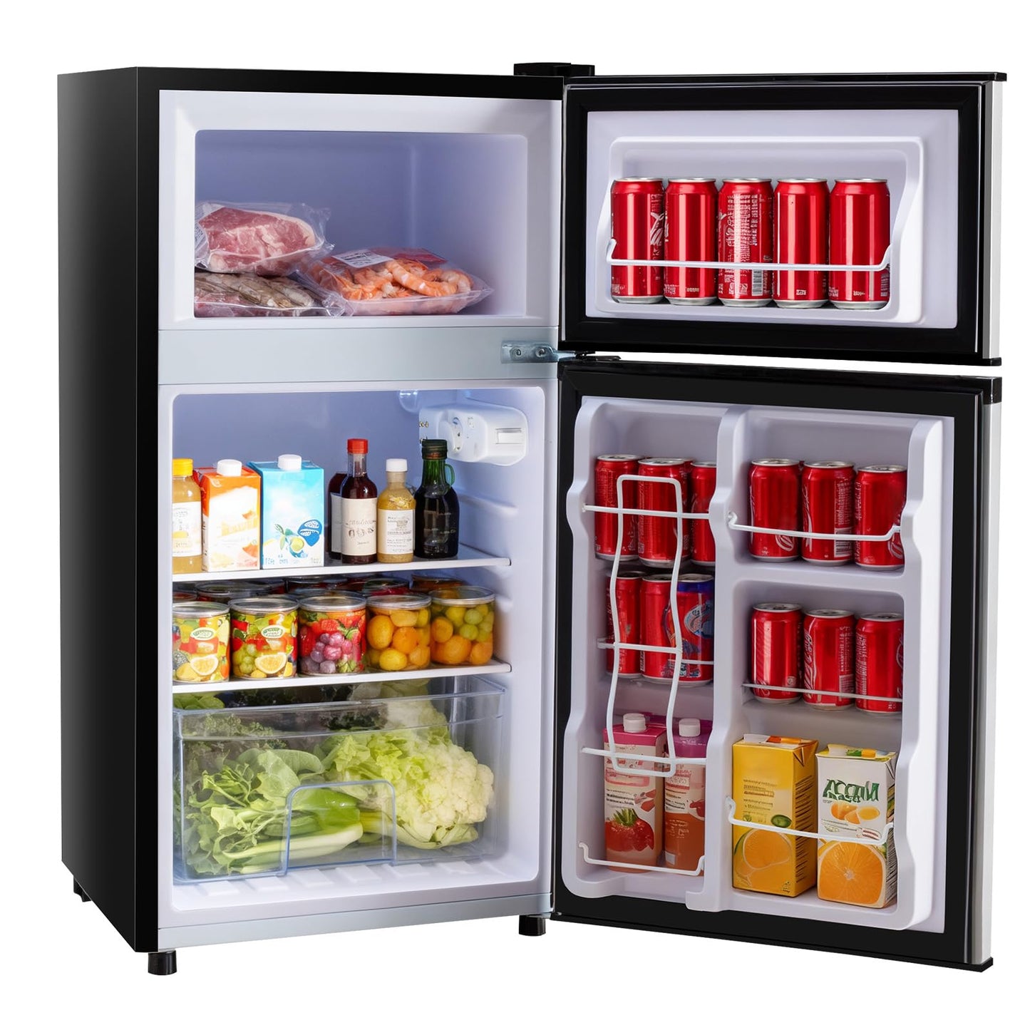Sweetcrispy 3.2 Cu.Ft Mini Fridge with Freezer, 2 Door Small Refrigerator with Adjustable Thermostat Energy-efficient Low Noise, Compact Fridge for Bedroom, Office, Dorm, Black
