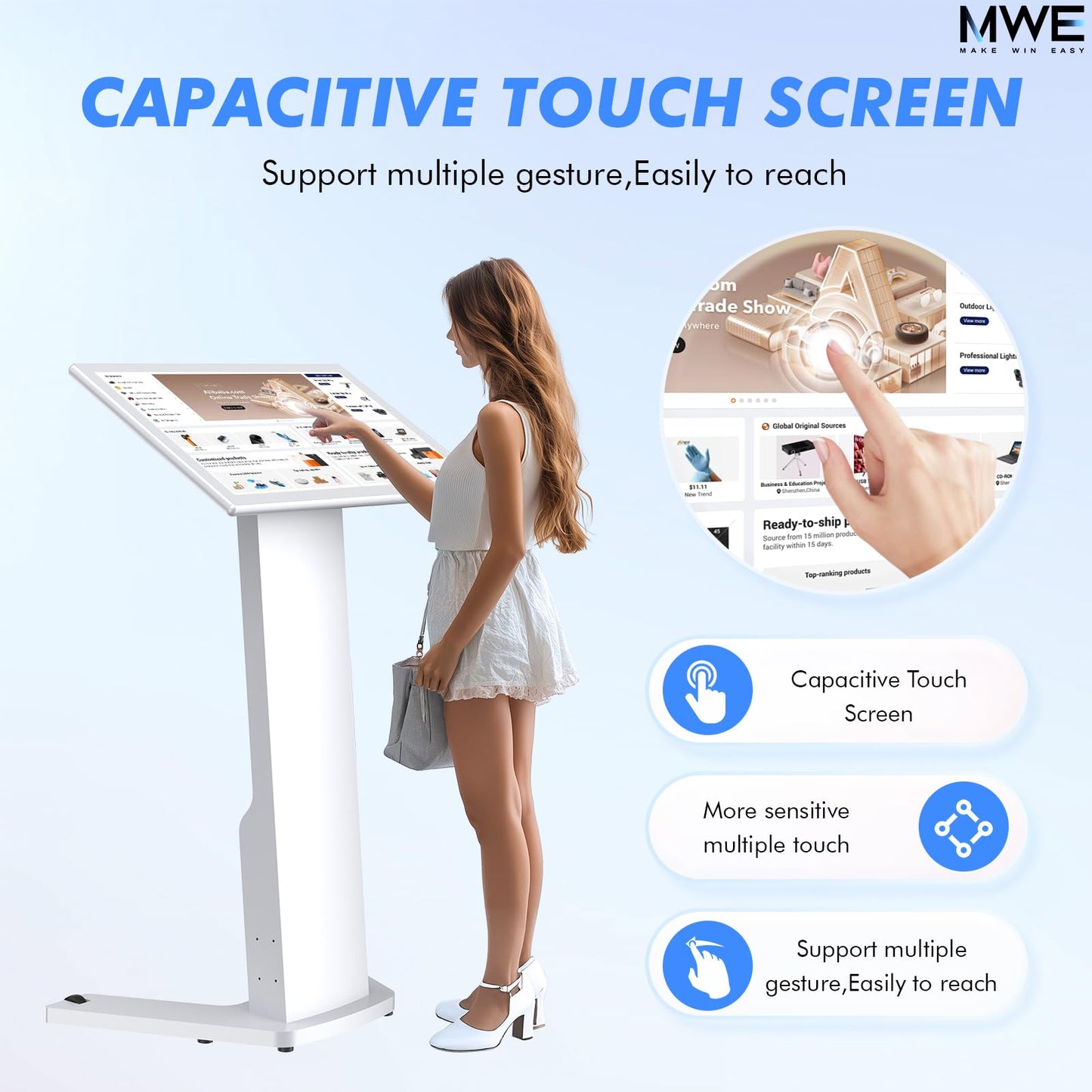 MWE 32 Inch Touch-screen Self Service Kiosk, Floor Standing Digital Signage Display, FHD Information Kiosk, 2 Speakers, Interactive Display for Mall Navigation/Self-Ordering/Advertising/Retail Store