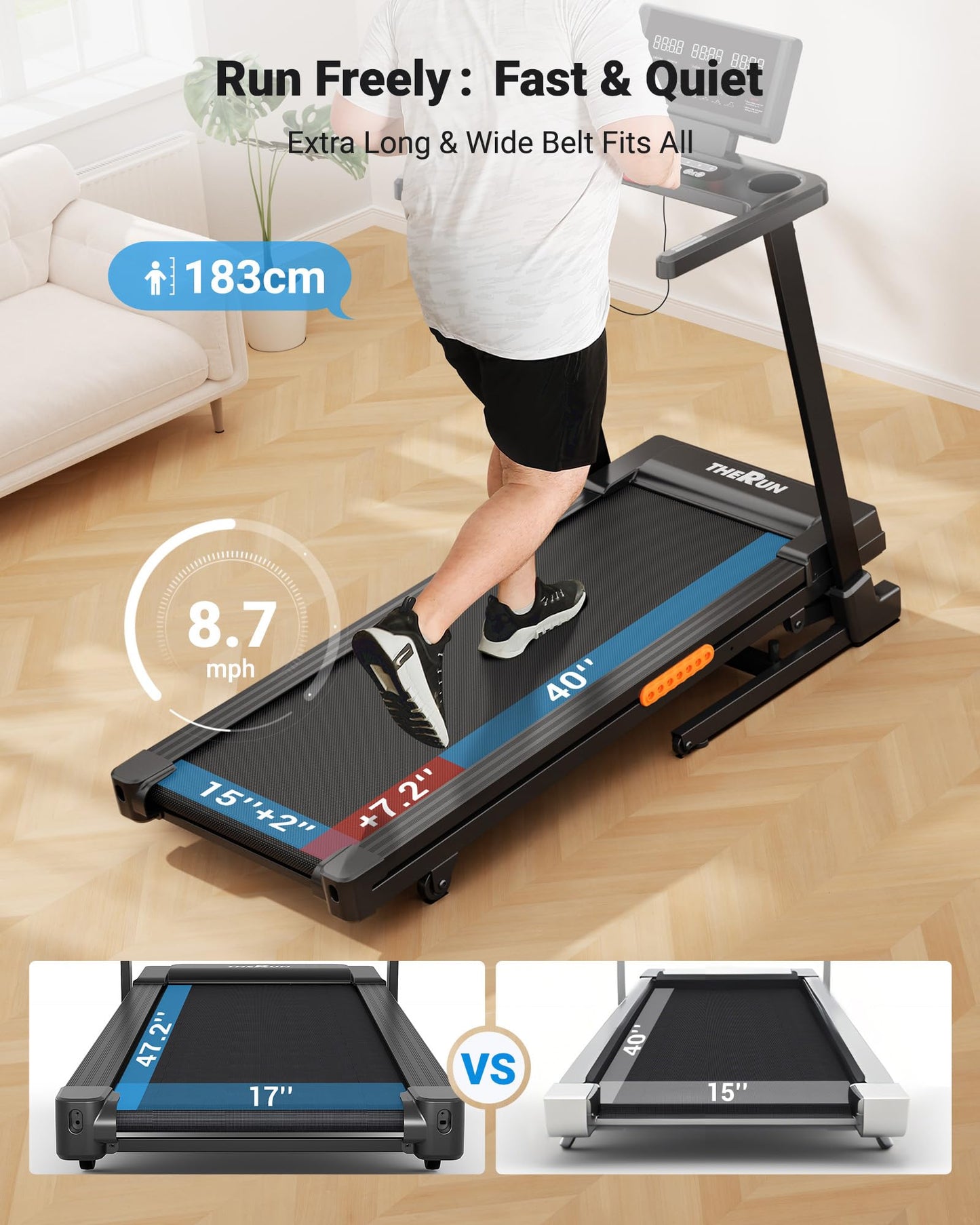 THERUN Treadmill with Incline,8.7 MPH 12% Auto Incline Treadmill,Treadmills for Home,3 HP Quiet Brushless Motorized Treadmill,LED Display