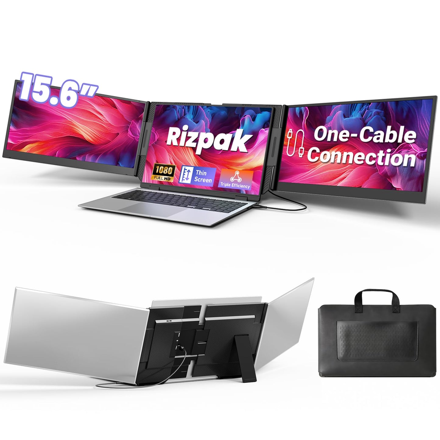 Rizpak One Cable Laptop Screen Extender, 15.6” Ultra-Slim Triple Portable Monitor, 1080P FHD IPS Display, USB-C/A Connection, Travel Monitor for 13–17.3" Laptops, Mac/Windows/Android (Driver Required)