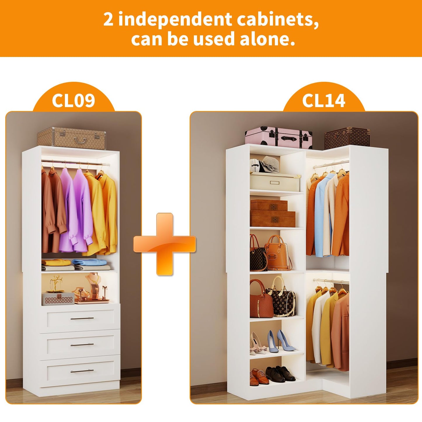 Closet System with 3 Drawers, Corner Closet Organizer Systems with 7 Shelves & 5 Hanging Rods L-Shaped Walk in Closet Freestanding Corner Tower Modular Storage System 2 Sets 1400+ Lbs Capacity White