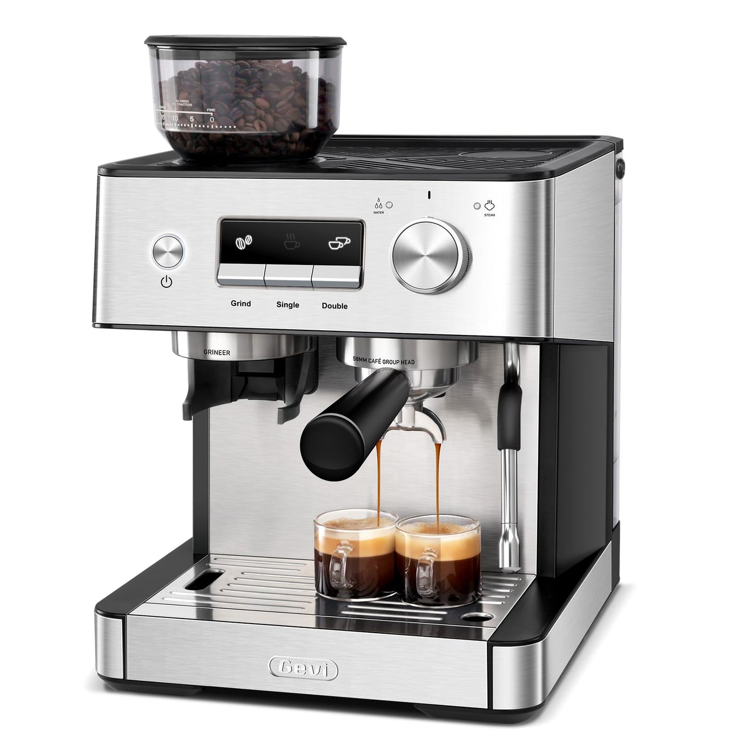 Gevi 20 Bar Espresso Machine with Built-in Grinder & Milk Frother | Professional Coffee Maker for Home | Cappuccino, Latte, 2.3L Removable Water Tank, Stainless Steel Steam Wand