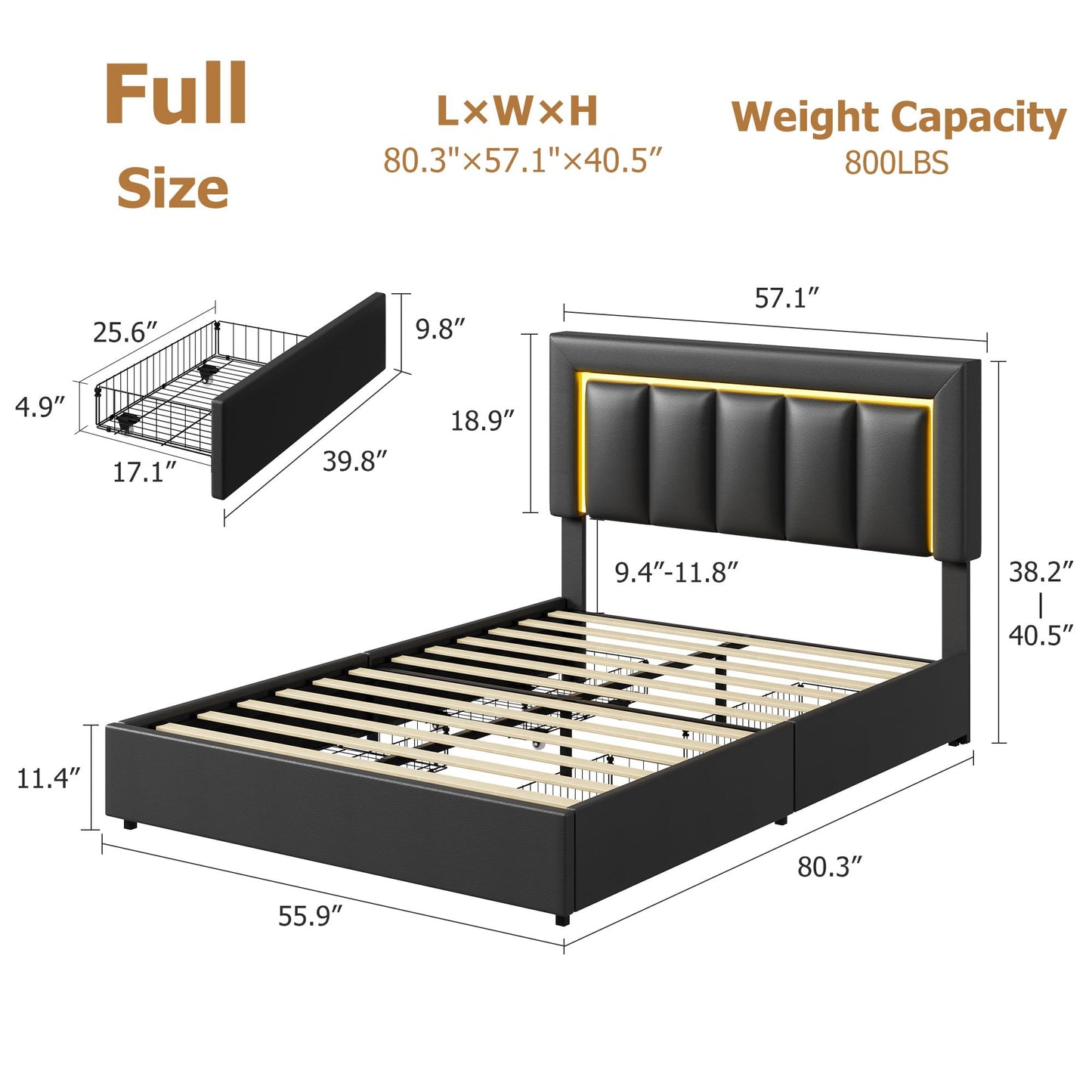 Garvee Full Size Storage Bed Frame with 4 Drawers, LED Lights, Charging Station, Adjustable Headboard, PU Leather Upholstered Platform Bed, Wooden Slats Support, No Box Spring Needed, Black