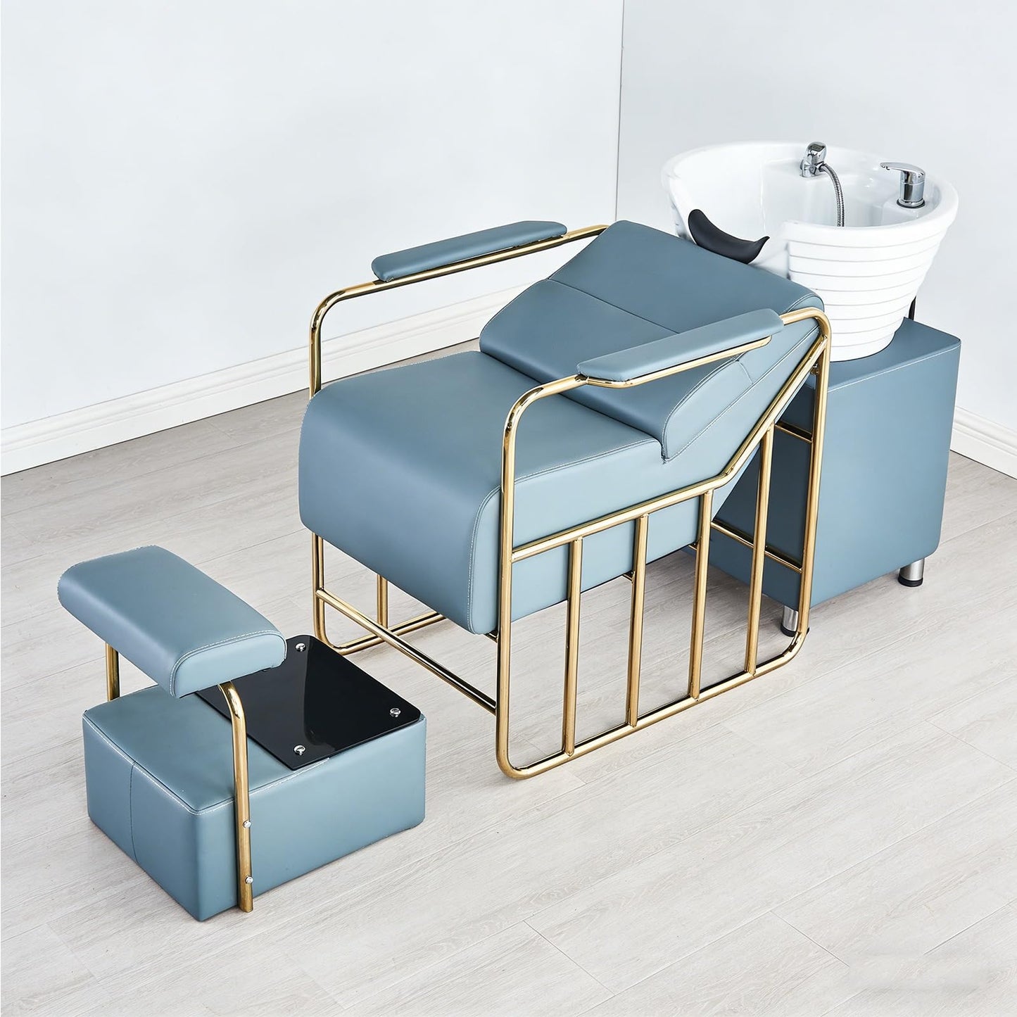 Shampoo Bowl and Chair Set for Salon, Lay-In Shampoo Backwash Unit with Separate Footstool & Metal Legs, High-Rebound Sponge for Spa Beauty Barbershop(A)