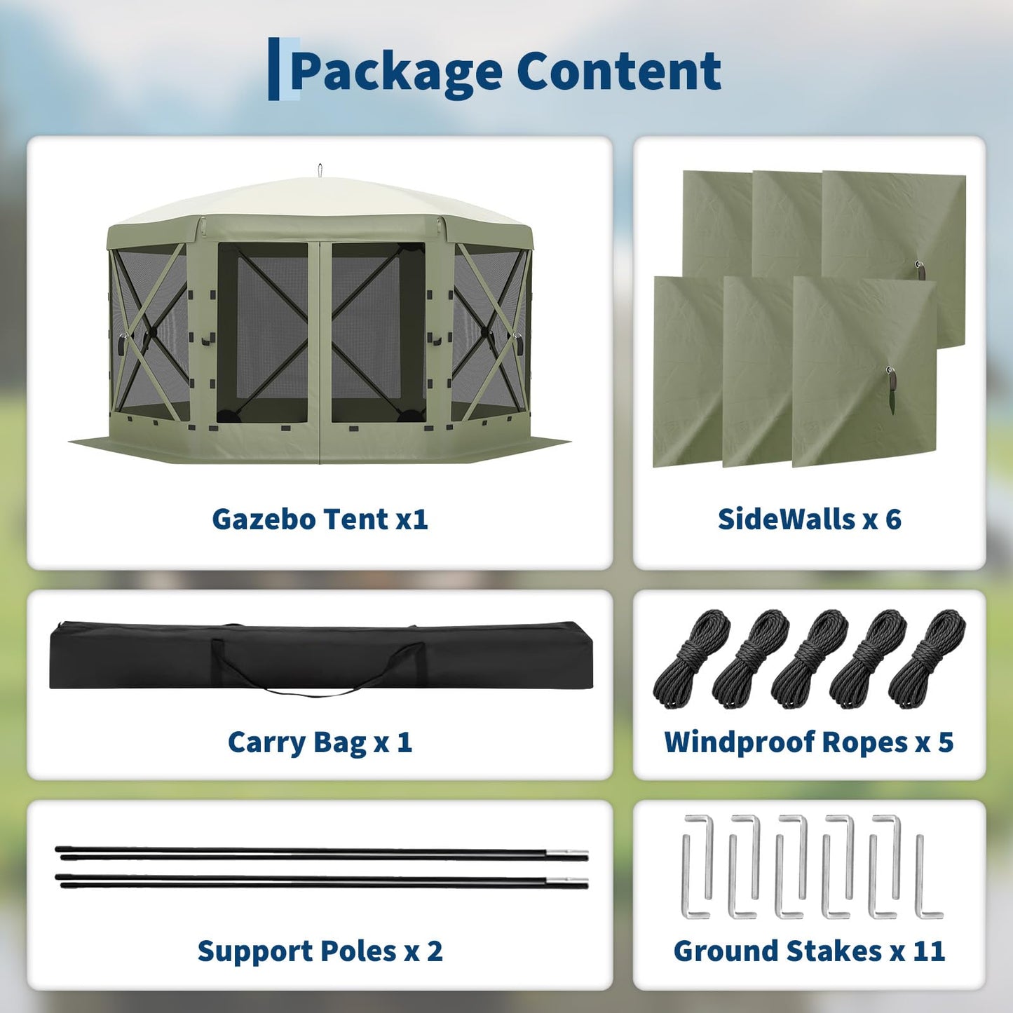 Garvee 13FT Pop-Up Gazebo 6-Sided, Outdoor Canopy Tent with Mosquito Netting & Removable Wind Cloths for Camping, Backyard Parties, Outdoor Events, Army Green