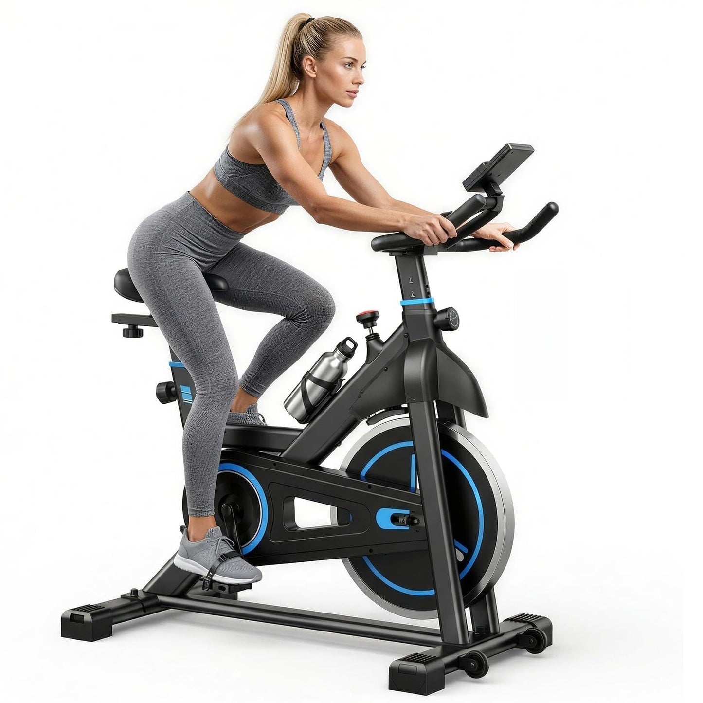 DUMOS Exercise Bike with APP, Stationary Bikes for Home, Workout Bike for Adults & Seniors, Adjustable Height and Resistance, Low Noise, 265lbs Weight Capacity, Easy Setup, Black&Blue