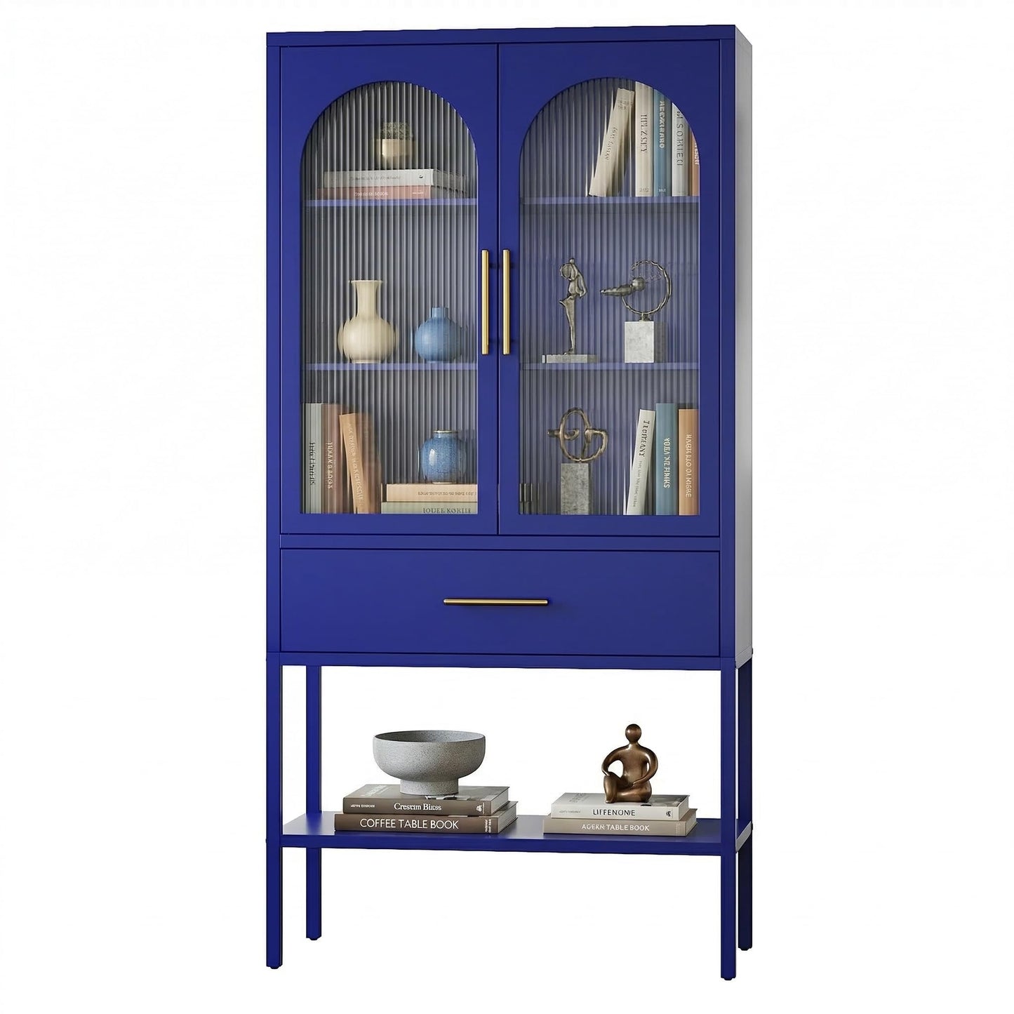 ALBAD 63 Inch Tall Metal Pantry/Display/Storage Cabinet with Fluted Glass Doors and Drawer & Adjustable Shelf for Modern Home Office Living Room Kitchen Blue