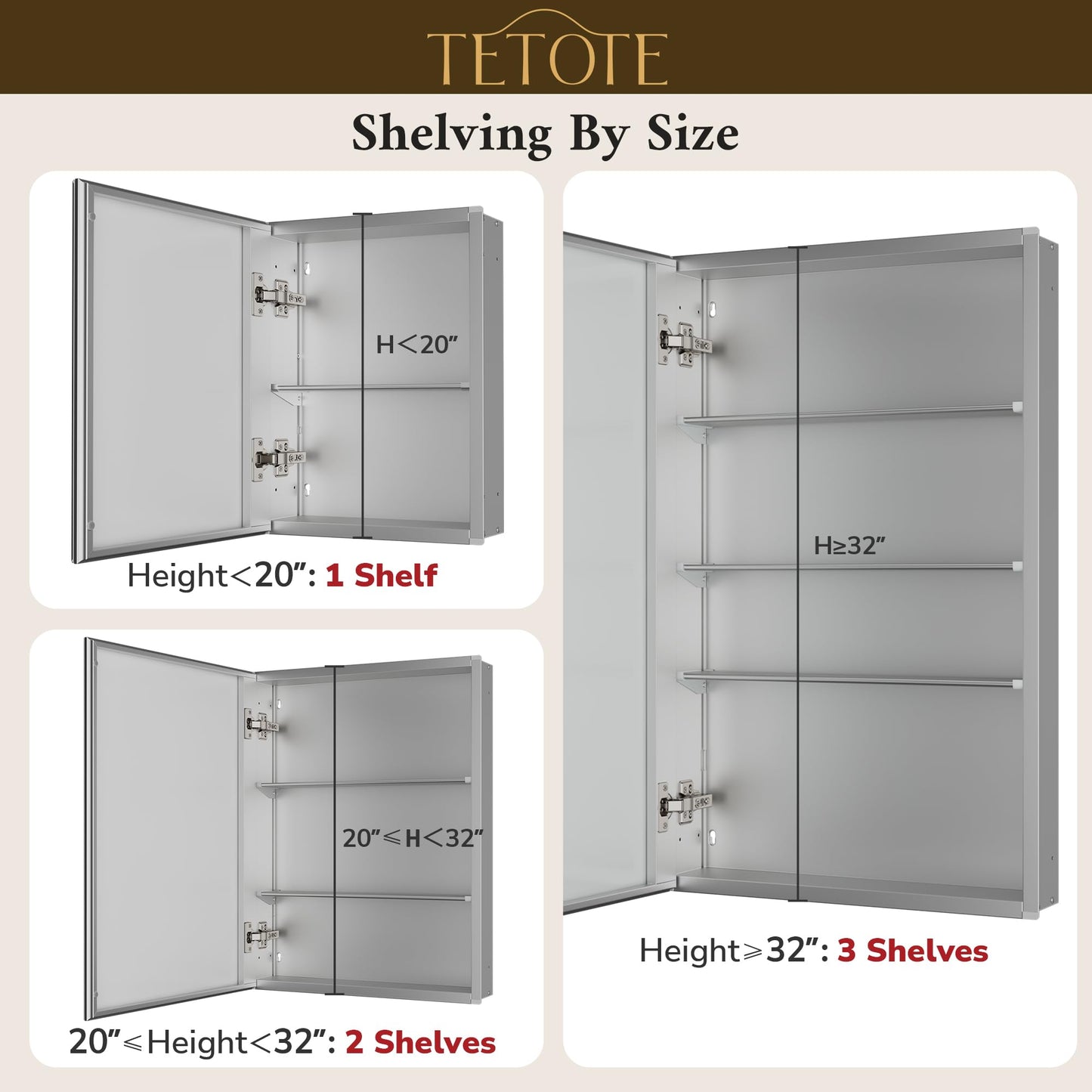 TETOTE 30 x 26 Bathroom Mirror with Storage with Tempered Beveled Mirror Silver Medicine Cabinet Aluminum Cabinet DTC Hinges, Stepless Adjustable Shelves, Recessed/Surface-Mounted