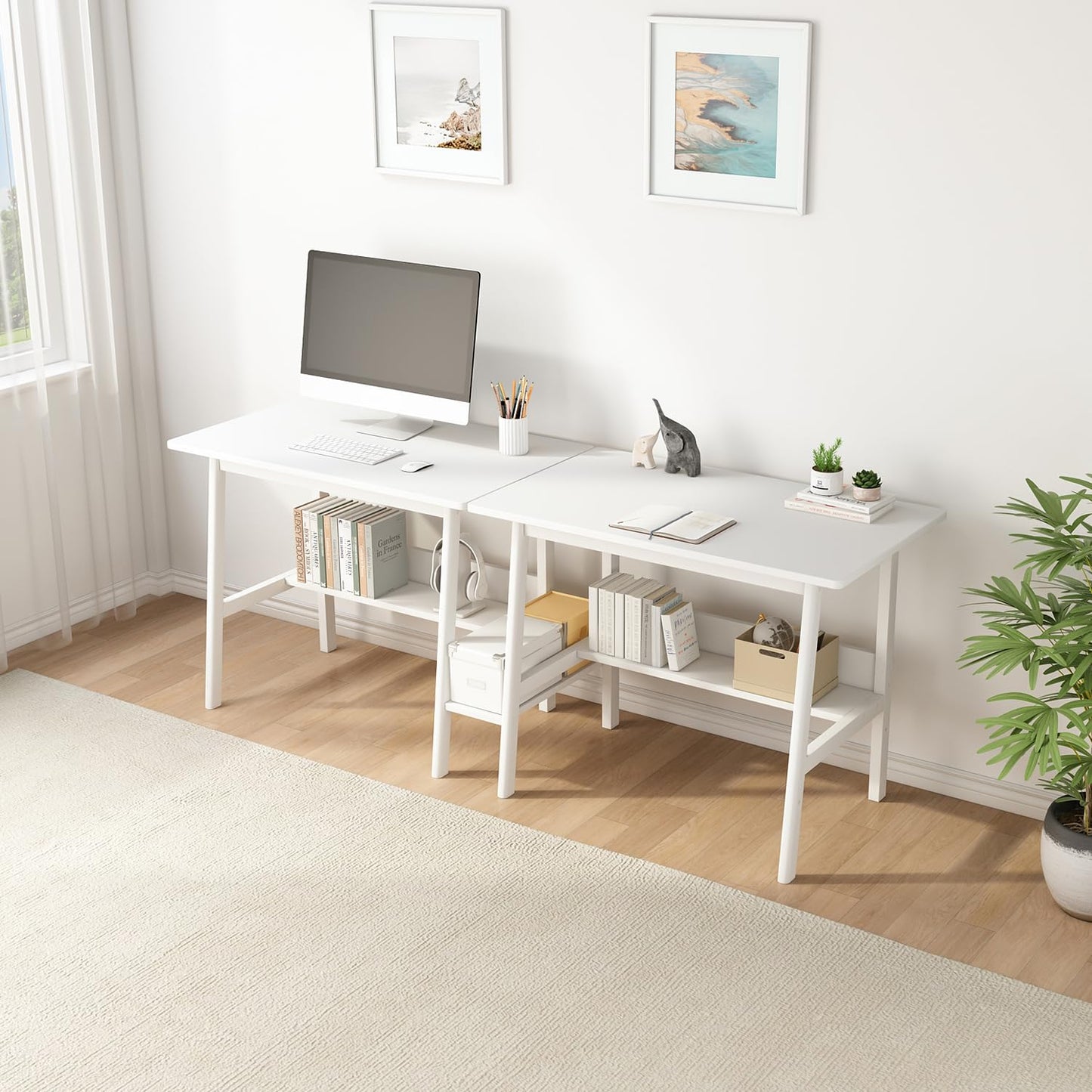 NELYE 2-Person Writing Desk with Bookshelf - 110" Wooden Extra Long Home Office Work Table, Double Study Computer Workstation with Storage Shelves in White, 110" W x 24" D