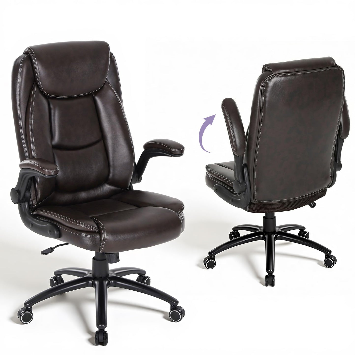 400lbs Capacity Executive Desk Chair Set of 2 with Ergonomic Lumbar Support, Flip-up Arms & High Back Leather Computer Chair for Home/Office, Brown