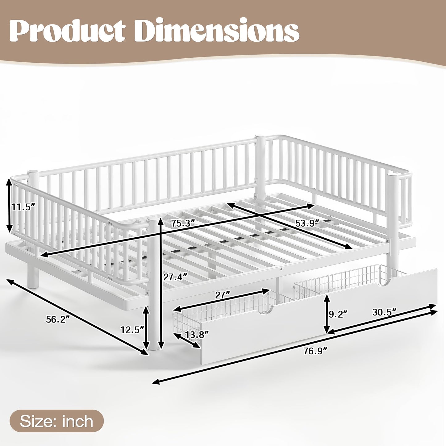Bellemave Metal Kids Full Size Bed Frame with Storage Drawers and Detachable Fence,Full Size Montessori Bed with Slats and Fence,Metal Platform Bed,Low Profile Design,White