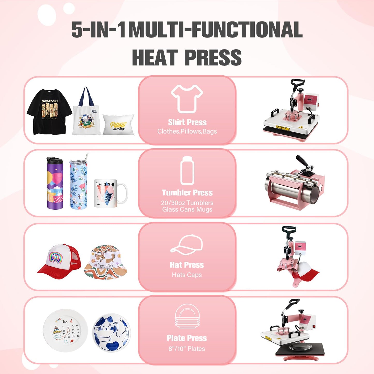 BetterSub 5 in 1 Heat Press Machine 12x15 inch, Industrial-Quality Sublimation Press with 30oz Tumbler Attachment & Curved Hat Plate, 360° Swivel Design for T-Shirts, Vinyl, DTF Film - Pink