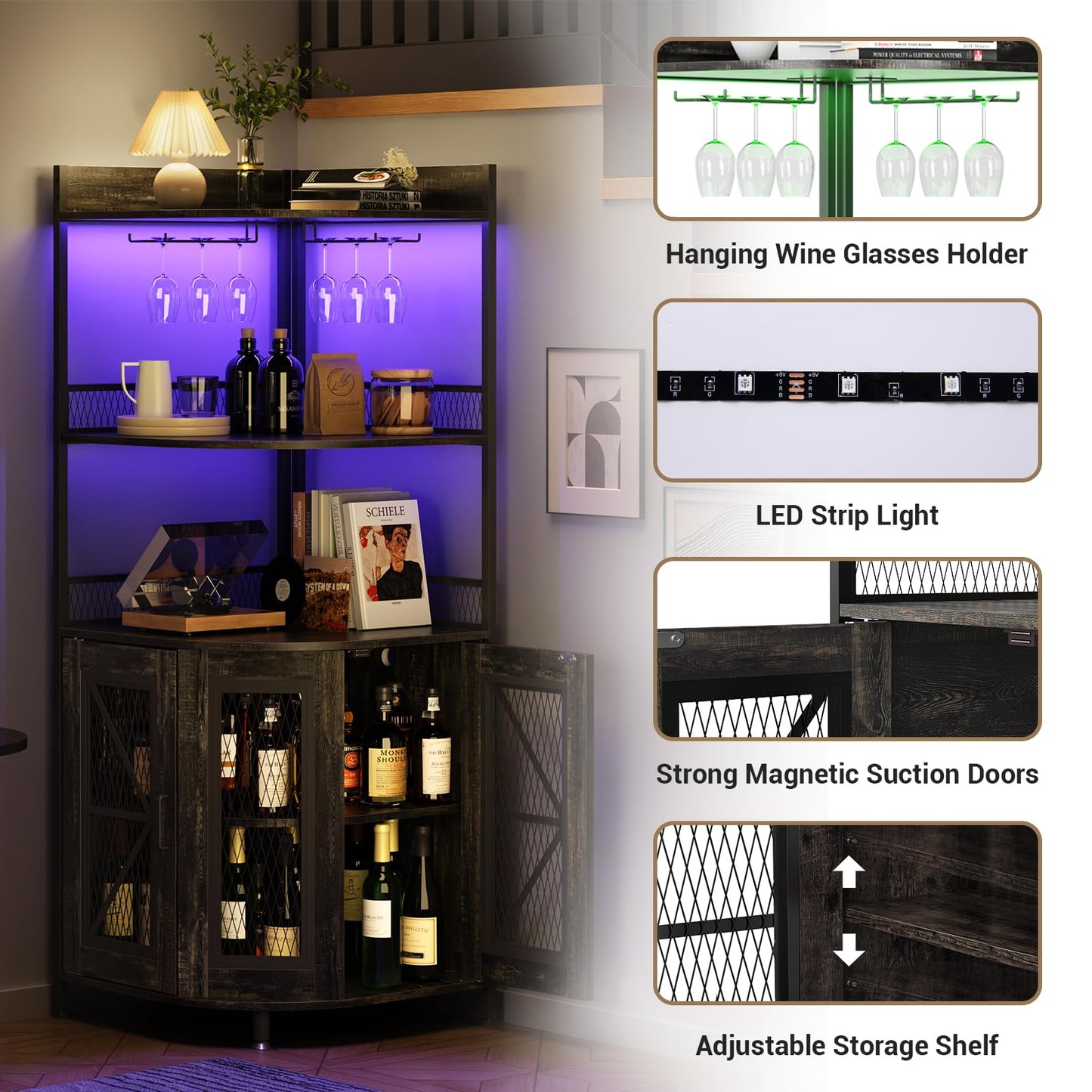 JoanKaren Corner Bar Cabinet with Power Outlet and LED Light, Coffee Bar Cabinet for Home Bar, Industrial Corner Shelf with Wine Storage, 5-Tiers Liquor Cabinet for Home, Living Room, Kitchen (Black)