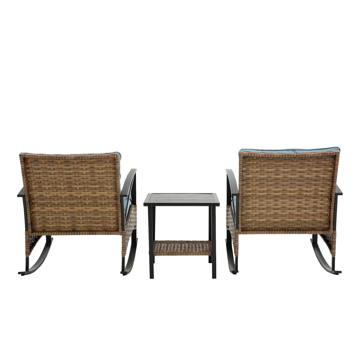 GDFStudio 3-Piece Outdoor Rattan Rocking Chair Set, Patio Wicker Rocker Chairs with Cushions & Side Table, Modern Conversation Set for Porch, Balcony, Garden, Backyard, Grey Cushions