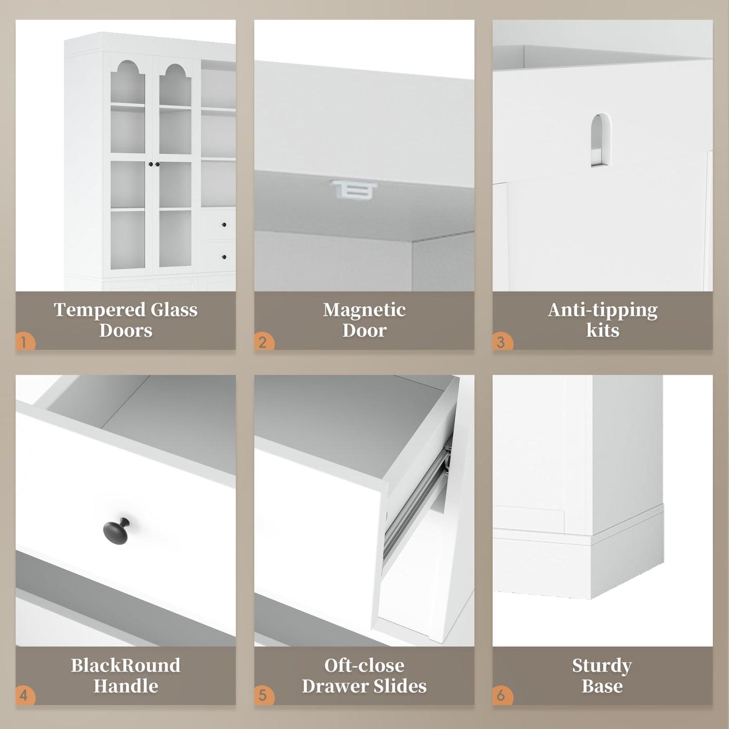 Merax Wood Kitchen Pantry with 4 Drawers, 3 Cabinets and Hutch, Tall Cupboard Dining Storage Cabinet with Door Shelves and Pull-Out Trays for Living Room, Kitchen, Dining Room White
